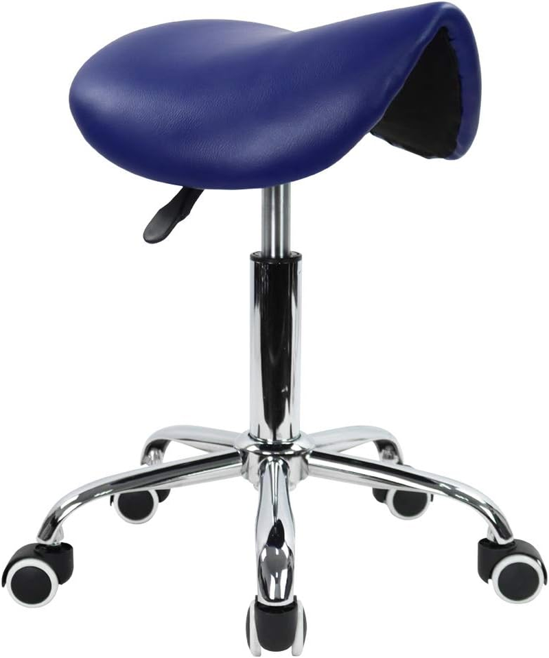KKTONER Rolling Saddle Stool PU Leather Swivel Adjustable Rolling Stool with Wheels Salon Chair (Blue)
