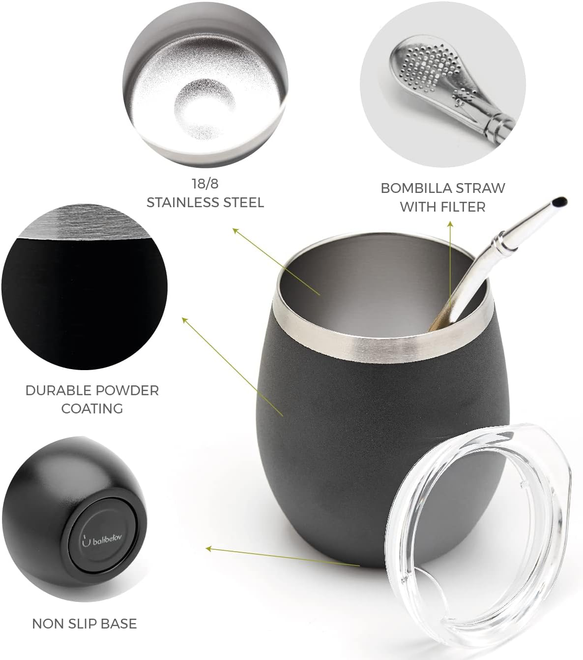 BALIBETOV Modern Mate Cup and Bombilla Set (Yerba Mate Cup) -Yerba Mate Set Includes Double Walled 18/8 Stainless Steel Mate Tea Cup, Two Bombilla Mate (Straw) and a Cleaning Brush (Shiny Black, 8 Oz) image number 6