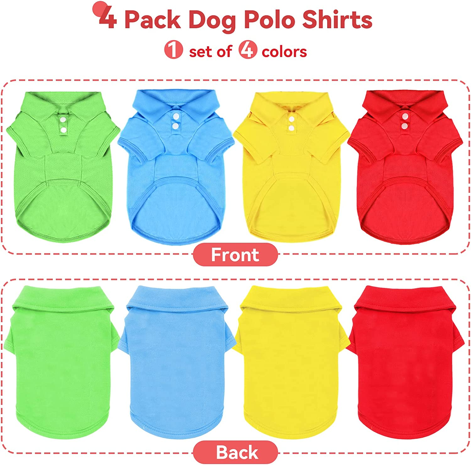 DOGGYZSTYLE 4 Pack Solid Dog Polo Tshirts Shirts Pet Puppy T-Shirt Clothes Outfit Apparel Coats Tops(M Chest 15.75"-Length 11.81") image number 3