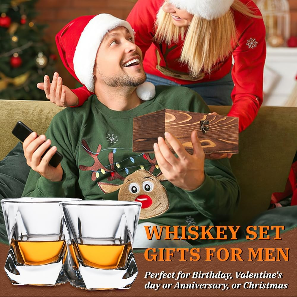 Whiskey Gift Set of 2 for Men, Bourbon Twisted Scotch Glass & Chilling Stones, Wood Box Gifts for Dad, Husband, Friends- - Gift Idea for Men Who Drink Whisky image number 4