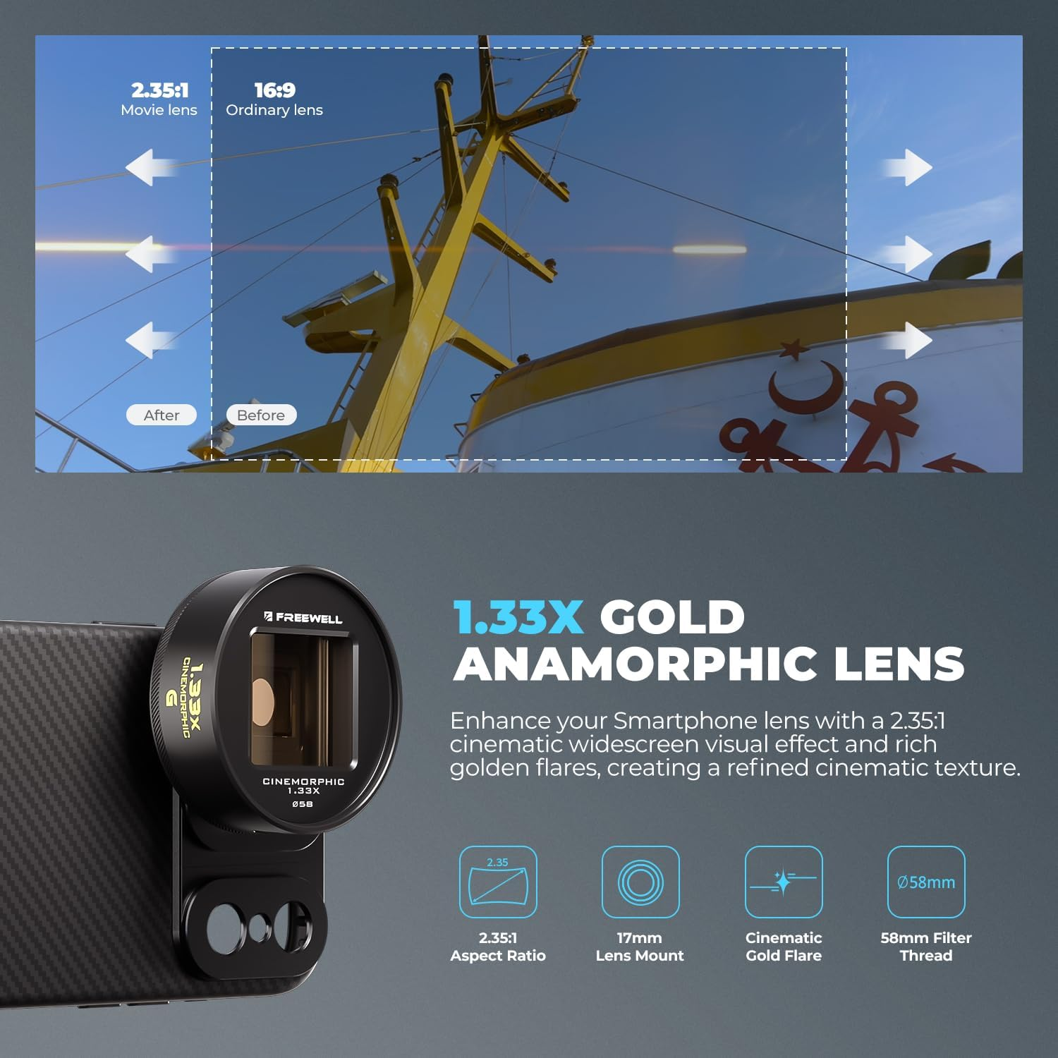 Freewell 1.33X Gold Anamorphic Lens Compatible with 17Mm Mount Iphone, Samsung - Cinematic Smartphone Lens with Wide Aspect, Rich Gold Flare, and Enhanced Film Look image number 5