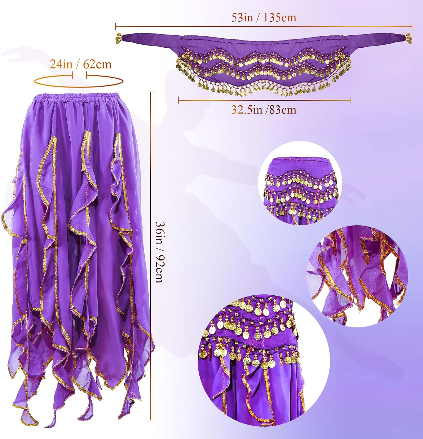 Haysandy 8 Pcs Belly Dance Outfit Sets Women,Belly Dance Skirt, Hip Scarf, 2 Bracelets, Earrings, Anklet Bracelet image number 5