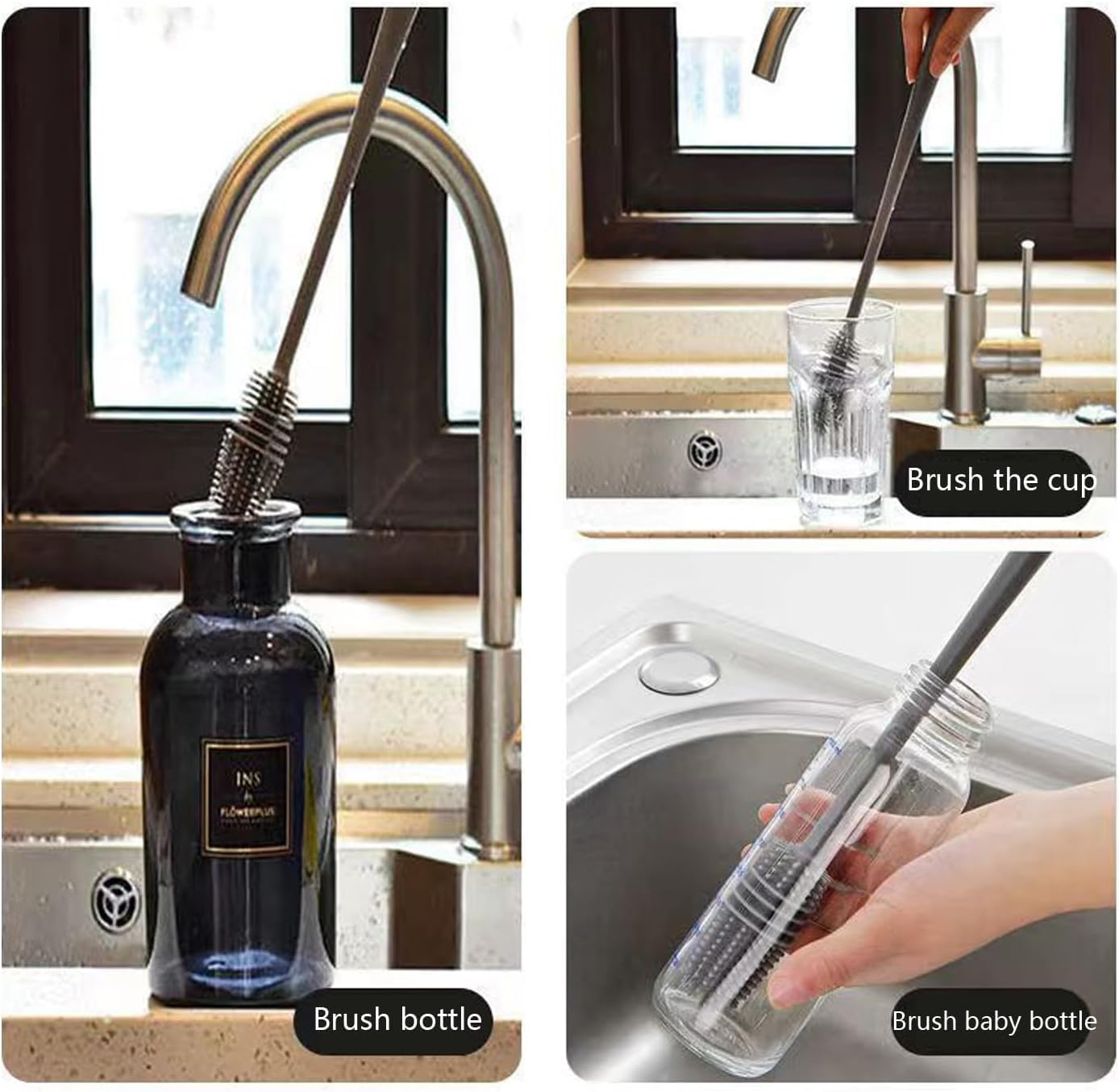 Silicone Bottle Cleaning Brush - 2 Pcs, Reinforced Long Handle, Ideal for Water Bottles image number 2