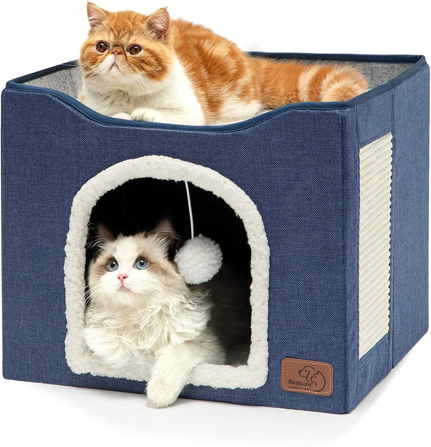 Agility Cat Bed for Indoor Large Cave with Fluffy Ball Hanging & Scratch Pad, Foldable Nest 41X41X35Cm (Blue) image number 4
