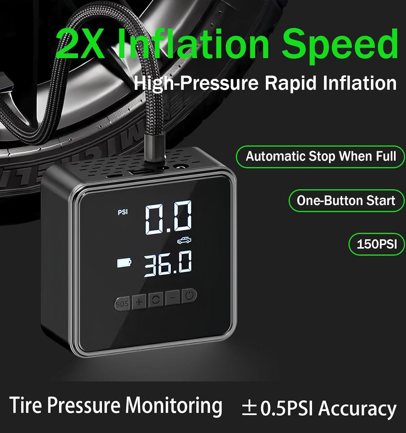 Tire Inflator Portable Air Compressor - 150 PSI Air Pump for Car Tires - 2X Faster Inflation, Smart Pump Tire Inflator for Cars, Motorcycles, Bicycles, Balls image number 4