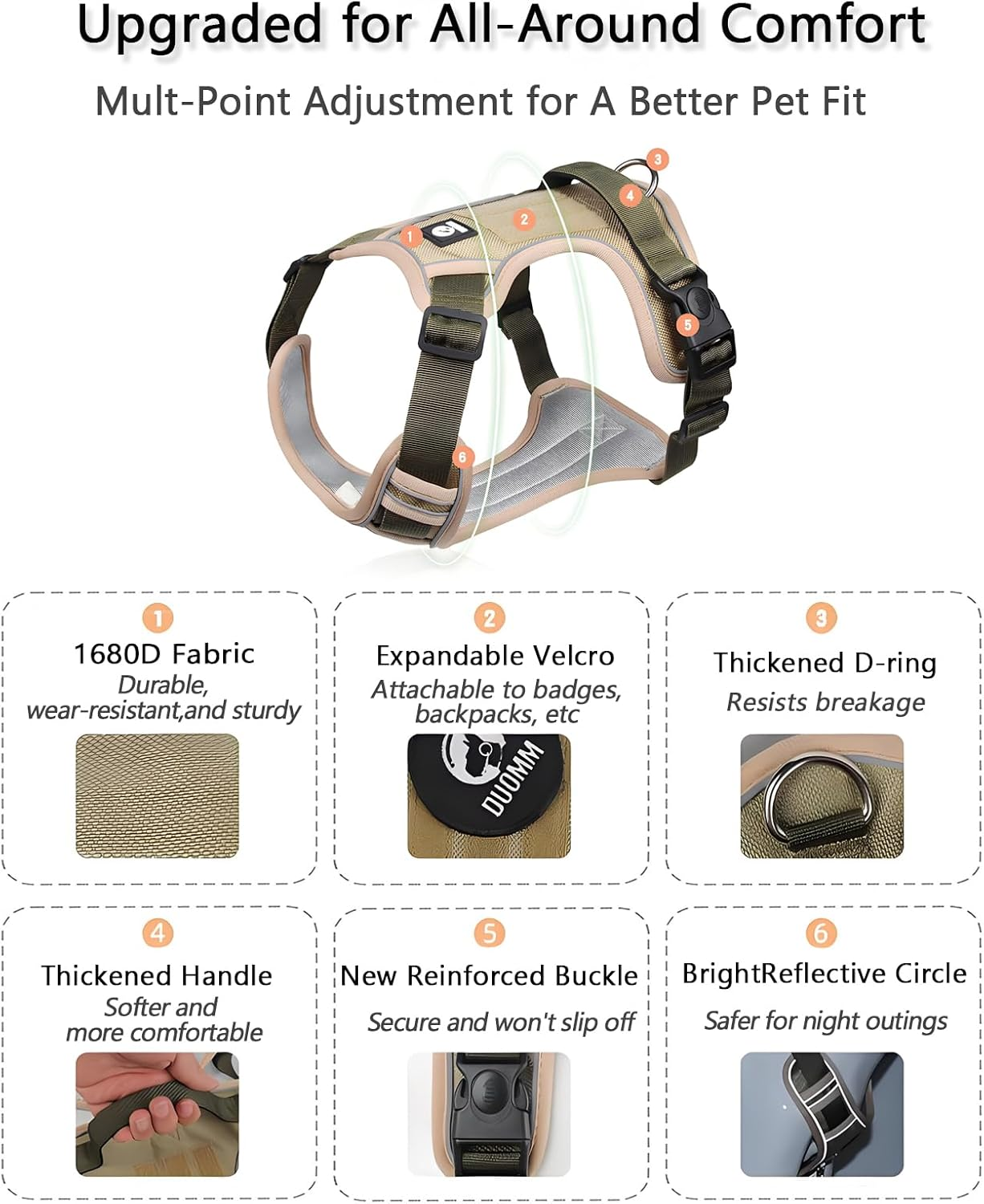 Checkzed Dog Harness for Large Dogs, Adjustable Dog Vest Style Pet Leash with Padded Handle, Reflective Strips for Large Dogs &ndash; Ideal Dog Walking Vest and Pet Outdoor Safety Gear (L, Khaki) image number 2