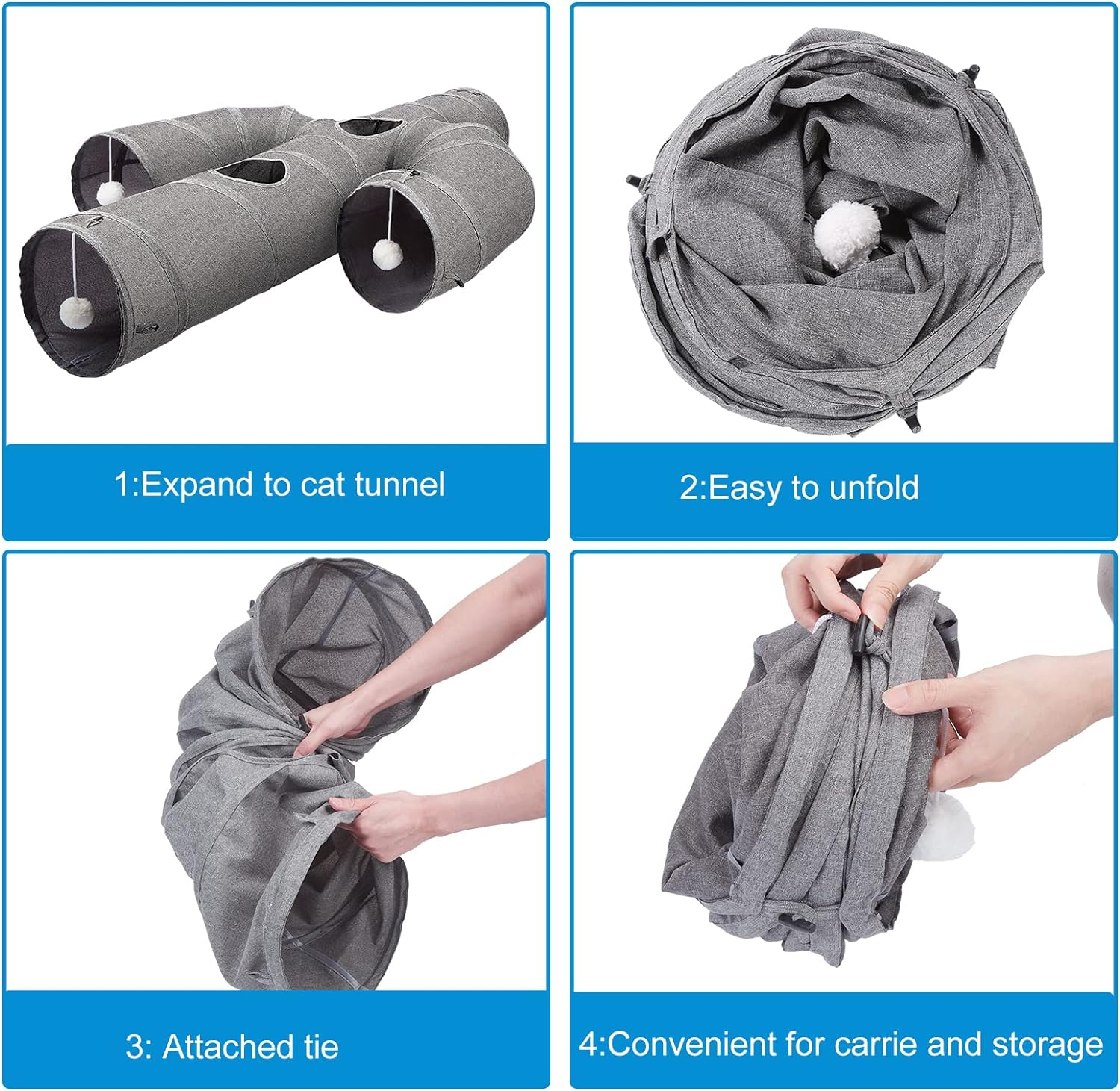 Ownpets Cat Tunnel Sturdy Oxford Fabric Cat Tunnel Toy, Cactus Shape Collapsible Cat Tunnels for Indoor Cats,Interactive Peek Hole Pet Tunnel Tube with Cat Wand Toy (Grey) image number 5