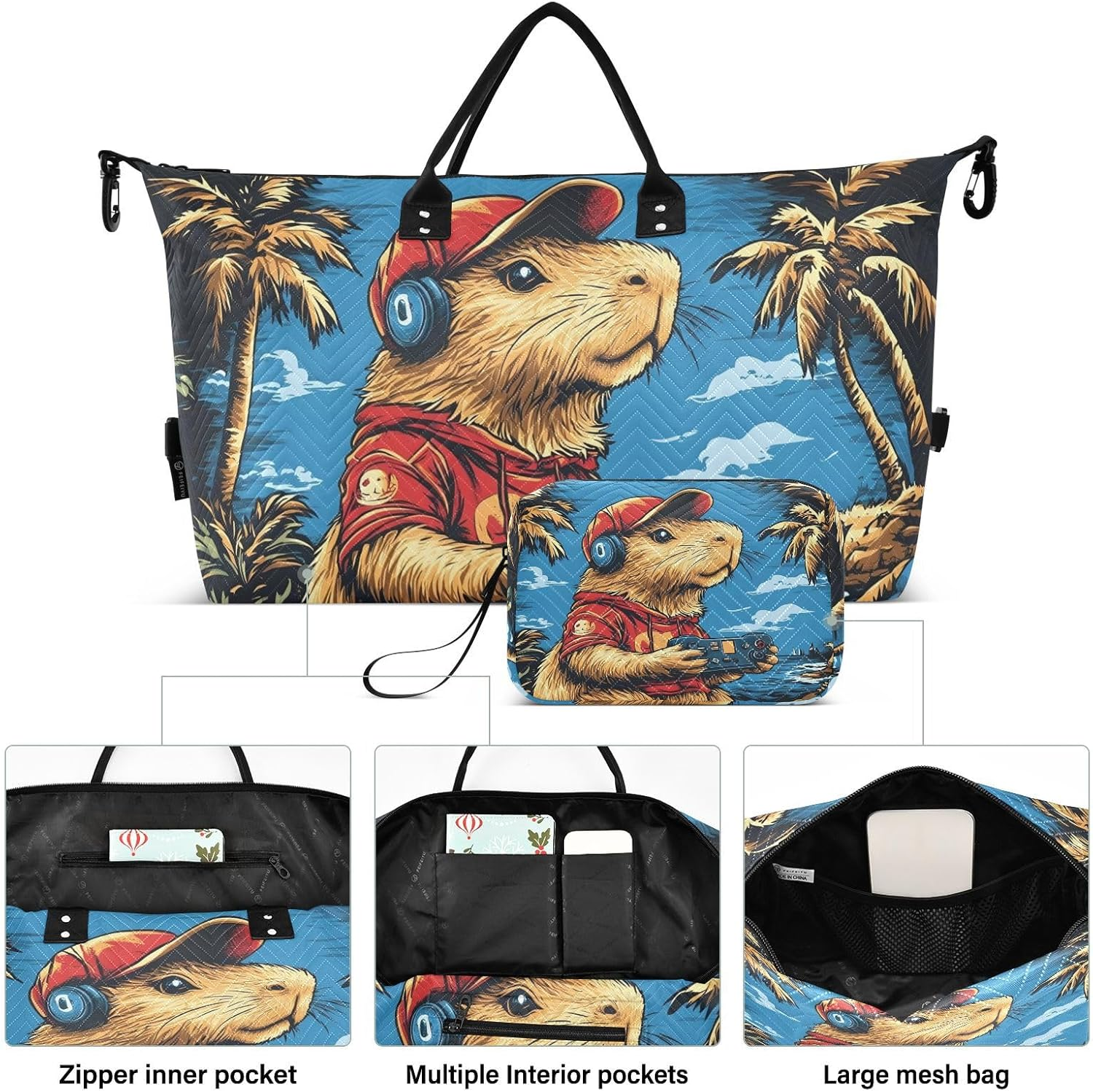 WOIWB Capybara Palm Tree Duffel Bag for Travel Gym Sport, Weekender Travel Bags Carry on Overnight Bag, Multicolor, 20.5 X 7.9 X 13.8 Inches+9.1 X 3.5 X 5.9 Inches image number 3