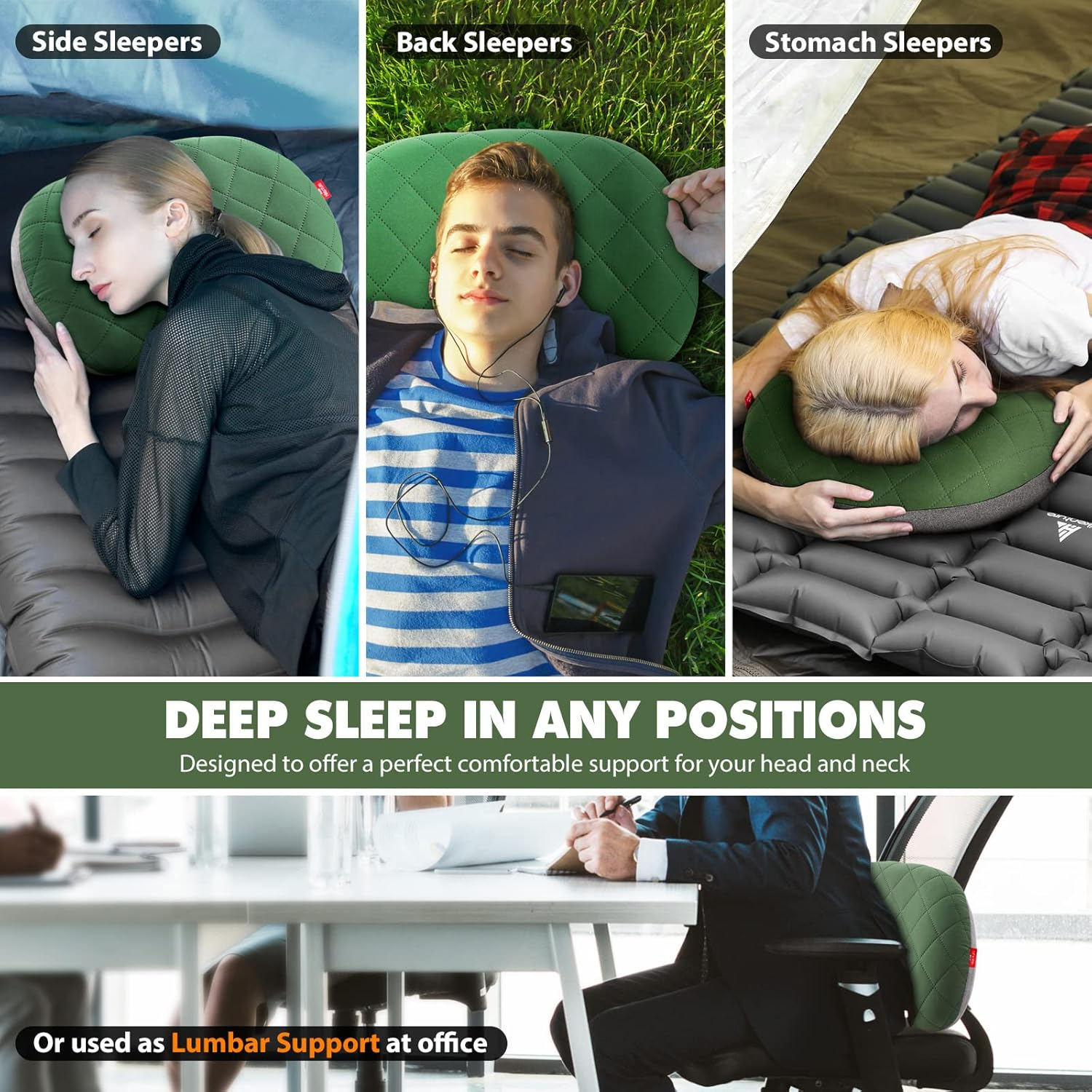 HIKENTURE Camping Pillow-Ultralight Inflatable Pillow with Removable Cover-Comfortable Ergonomic Blow up Pillow - Compressible Beach Pillow-Air Travel Pillow for Neck & Lumbar Support(Green) - Green image number 3