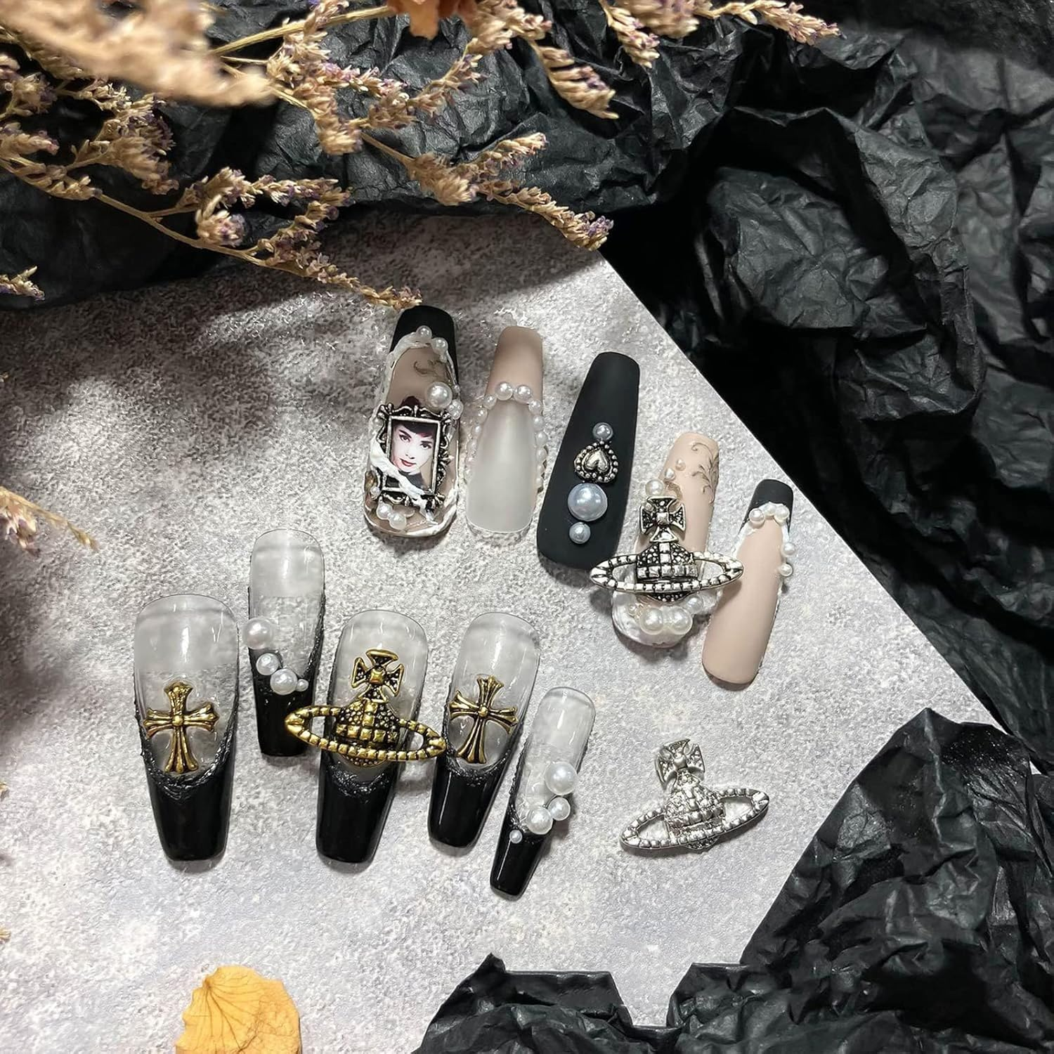 Kuskins 40 Pcs Planet Nail Charms,3D Nails Rhinestones Silver Diamond Toenail Jewelry，Four Colors Trendy Acrylic Nail Kit,Diy Fingernail Art Decoration Supplies for Girls and Women image number 4