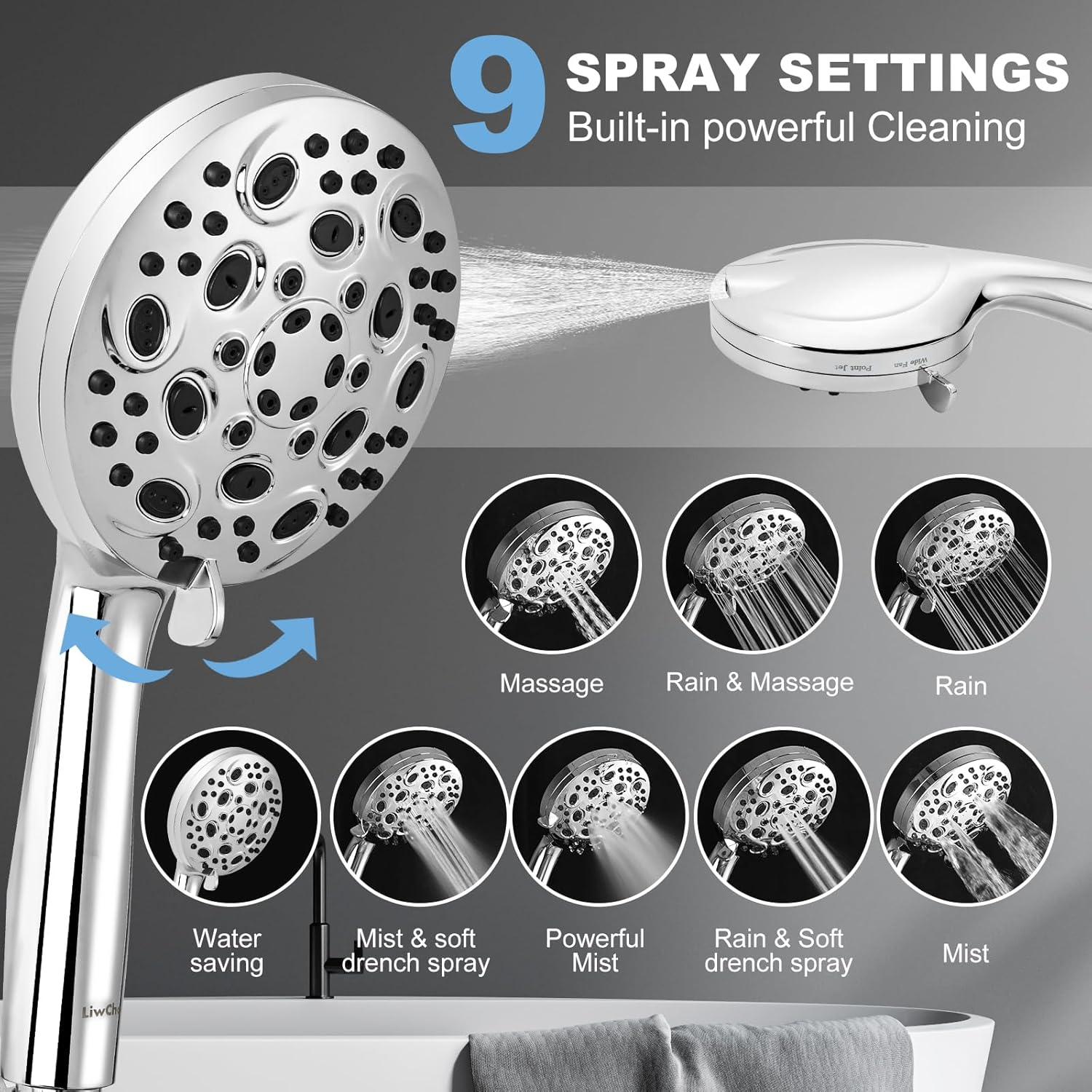 Liwcho High Pressure 10 Functions Shower Head with Handheld - Luxury Modern Chrome Look, Built-In Power Spray to Clean Corner, Tub and Pets, with Stainless Steel Hose Adjustable Bracket (Chrome) image number 1