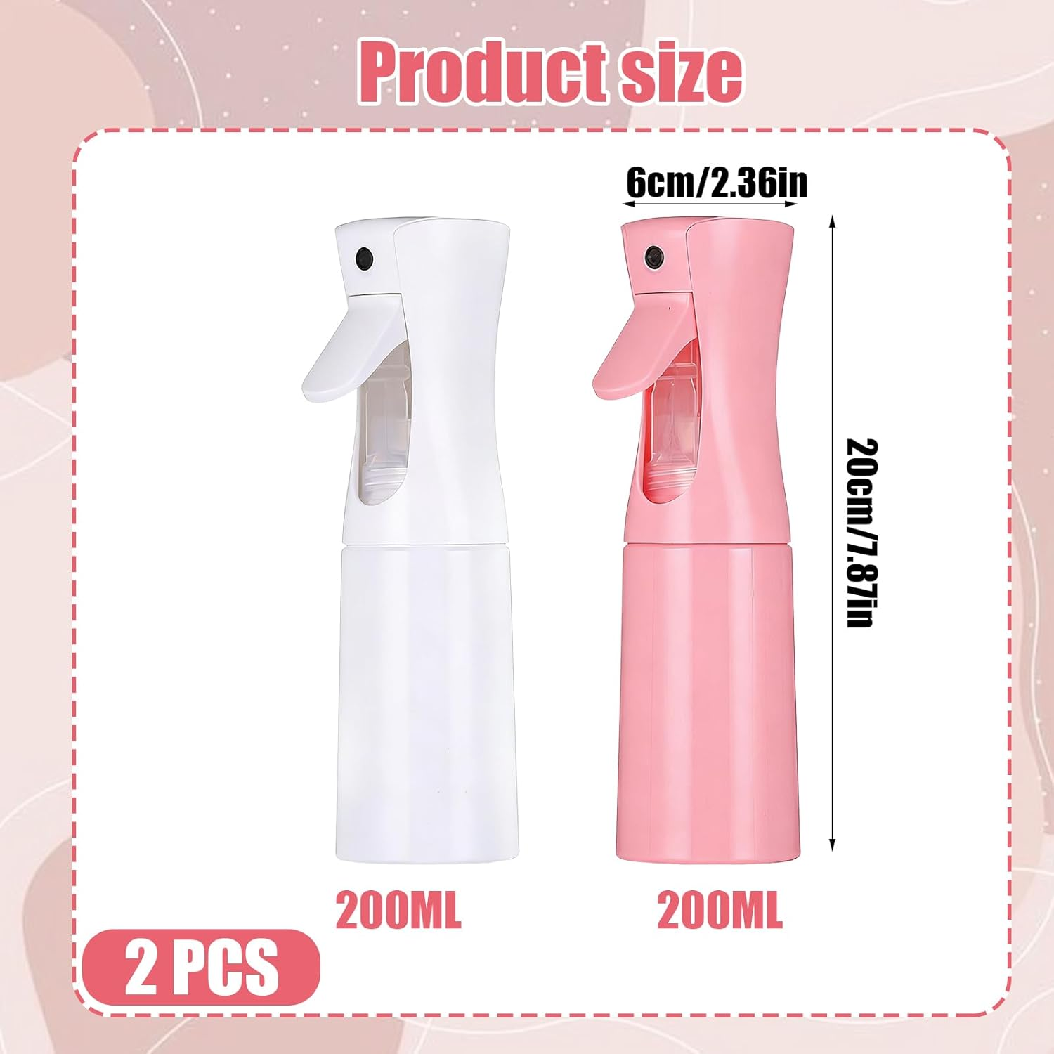 2 Pack Continuous Spray Bottles, 200Ml Ultra Fine Mist Water Sprayer for Hair Styling, Plants, Cleaning & Skin Care, Leak-Proof 360&deg; Spray Bottle, White & Pink