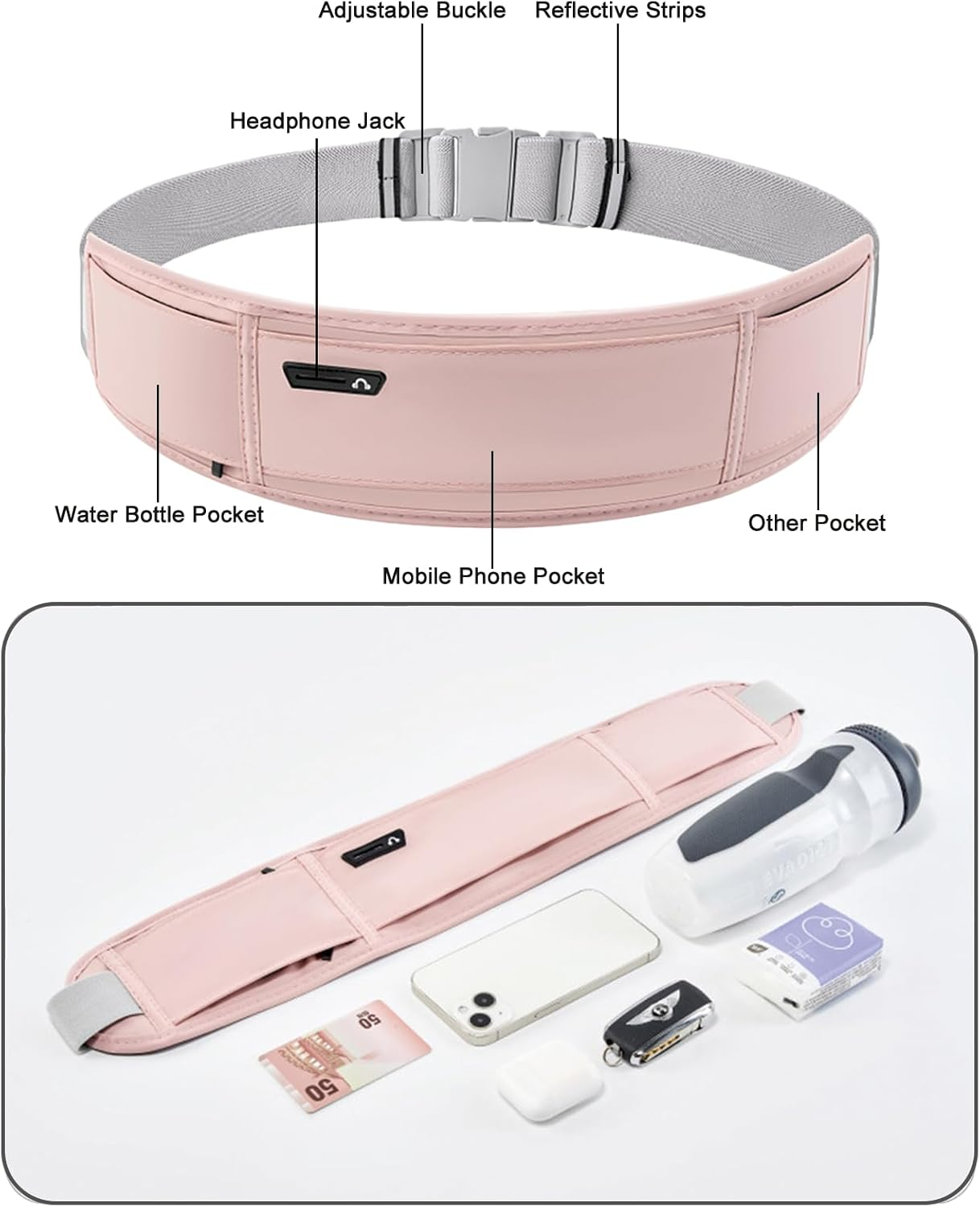 Slim Running Belt,Waist Pack,3-Pocket Waterproof Adjustable Fanny Pack with Hidden Water Bottle Pocket,Phone Holder for Running, Jogging, Hiking, Cycling(Black)