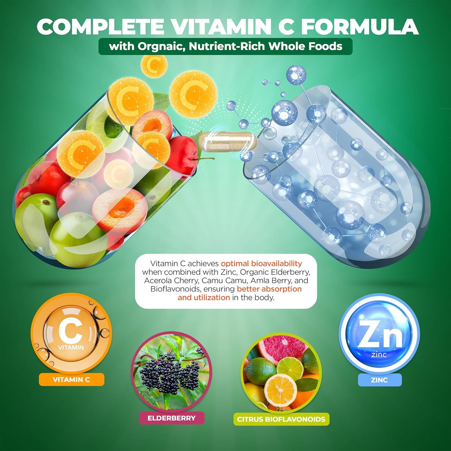 Liposomal Vitamin C Capsules with Zinc, Organic Elderberry, Amla, Camu Camu, plus &ndash; High Absorption Vitamina C, anti Aging, Immune Support,1500Mg/Serving 3 Month Supply, Gluten Free NON GMO Vegan Caps image number 2