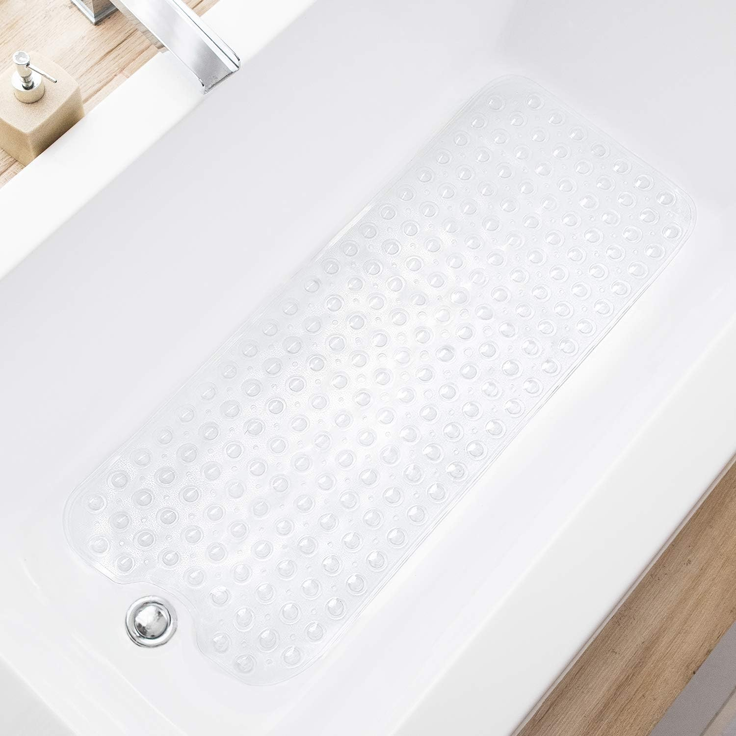 TEESHLY Bathtub Mats for Shower Tub Extra Long Non-Slip Bath Mat, 39 X 16 Inch Shower Mat with Drain Holes and Suction Cups, Bath Tub Mat for Bathroom with Machine Washable (Clear Grey)