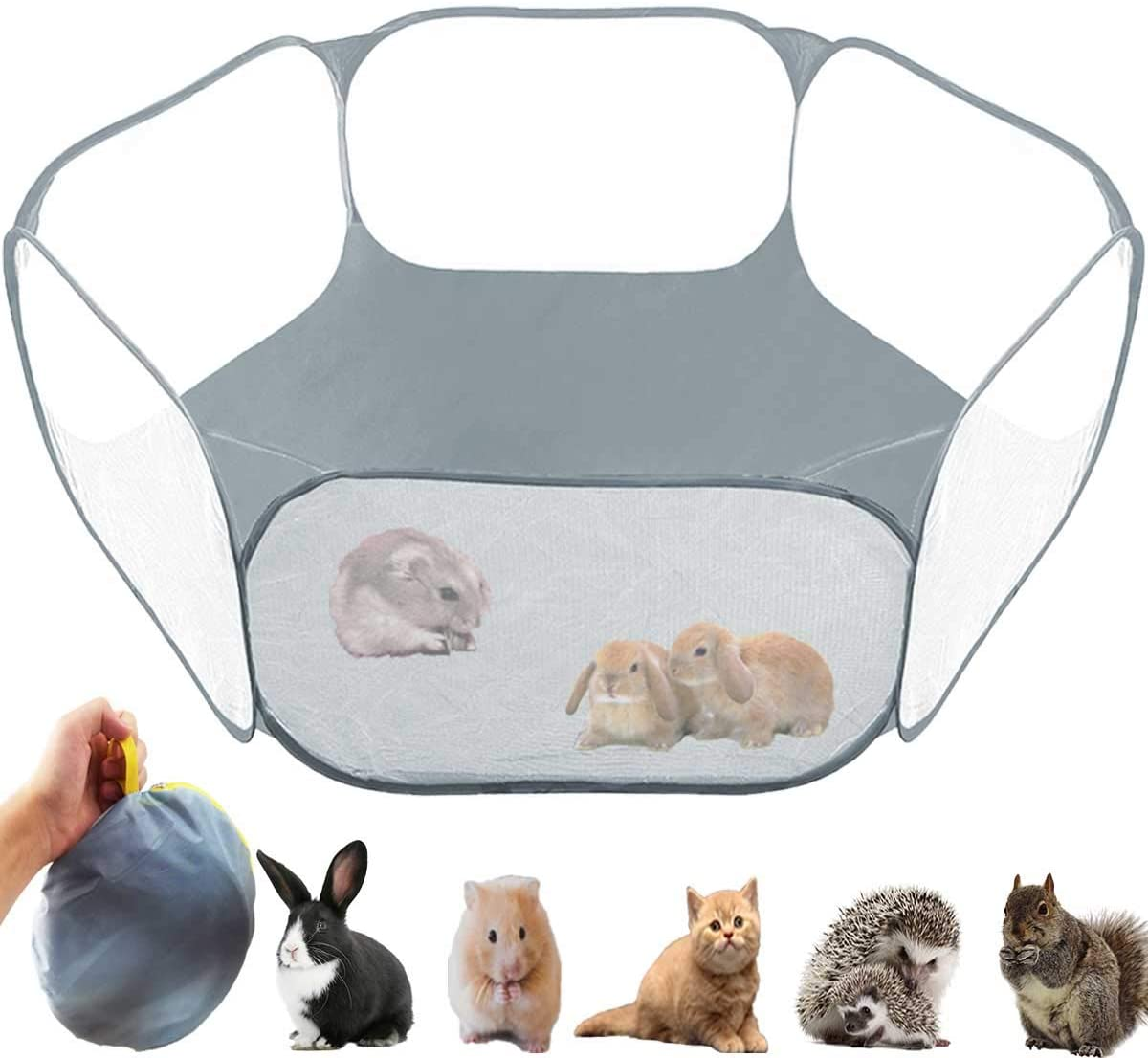 Gabraden Small Animals Tent,Reptiles Cage,Breathable Transparent Pet Playpen Pop Open Outdoor/Indoor Exercise Fence,Portable Yard Fence for Guinea Pig,Rabbits, Hamster,Chinchillas and Hedgehogs (Grey)