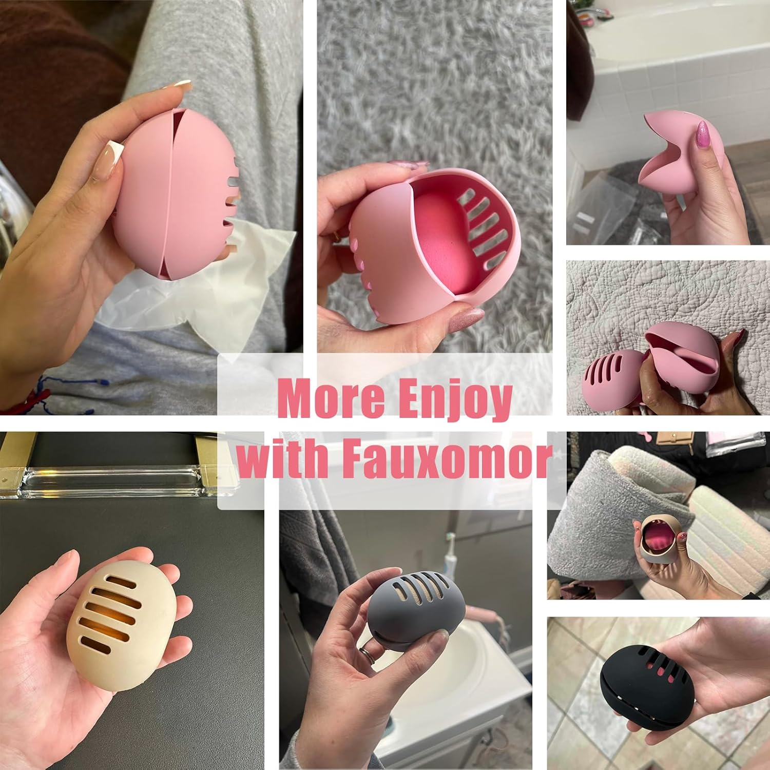 Fauxomor Makeup Sponge Holder,Double-Sided 5-Line Vented Silicone Beauty Blender Case for Travel,Shatterproof Beauty Blender Holder for All Sponges Sanitary Reuse Easy to Carry,Pink - E-Pink*1 image number 4