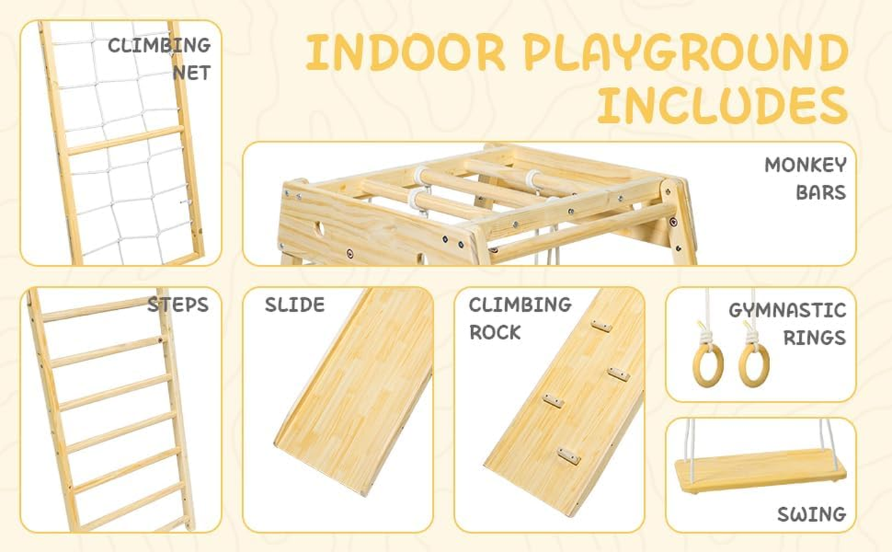 Toddler Climbing Frame,Indoor Playground,Wood Toddler Playset Montessori 7-In-1 with Jungle Gym,Kids Outdoor Play Equipment, Slide,Swing,Swedish Ladder,Monkey Bars,Rope Ladder for Kids Ages 1.5-7 New image number 1