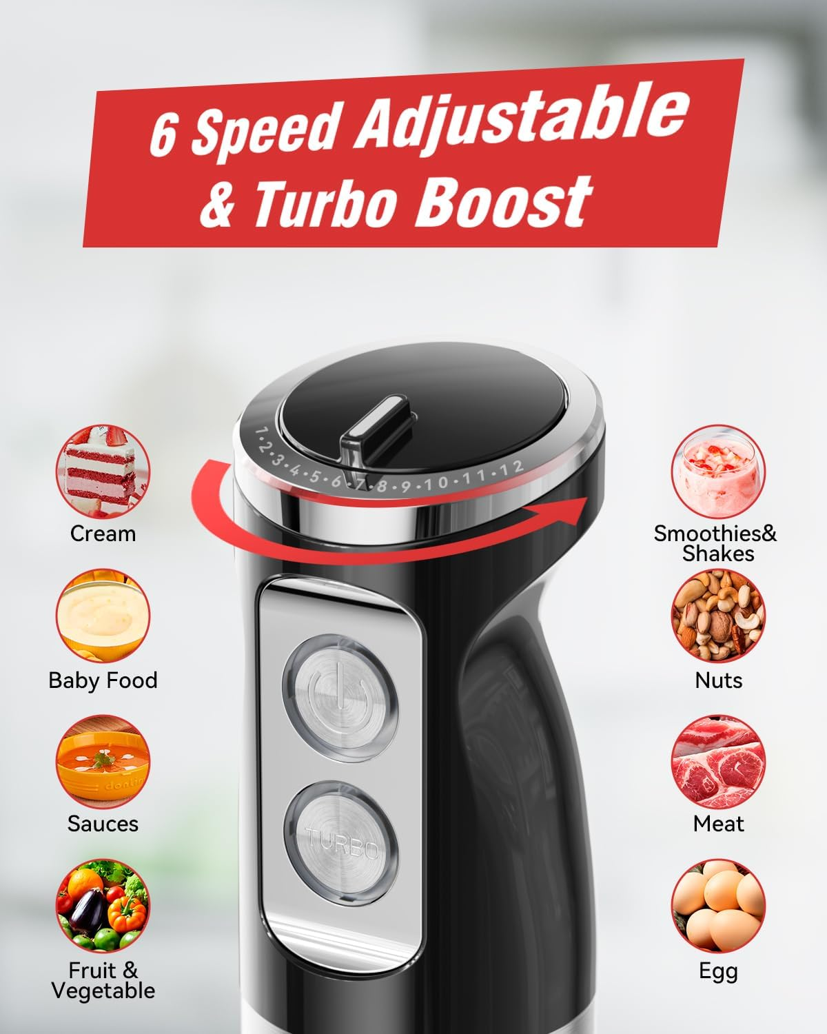 Hand Stick Blender - 1200W Immersion Handheld Blender Set, 5In1 Electric Blender Heavy Duty Motor with 6 Speed Handheld Mixer with 600Ml Mixing Beaker, 500Ml Chopper, Whisk and Milk Frother, Bpa-Free image number 2
