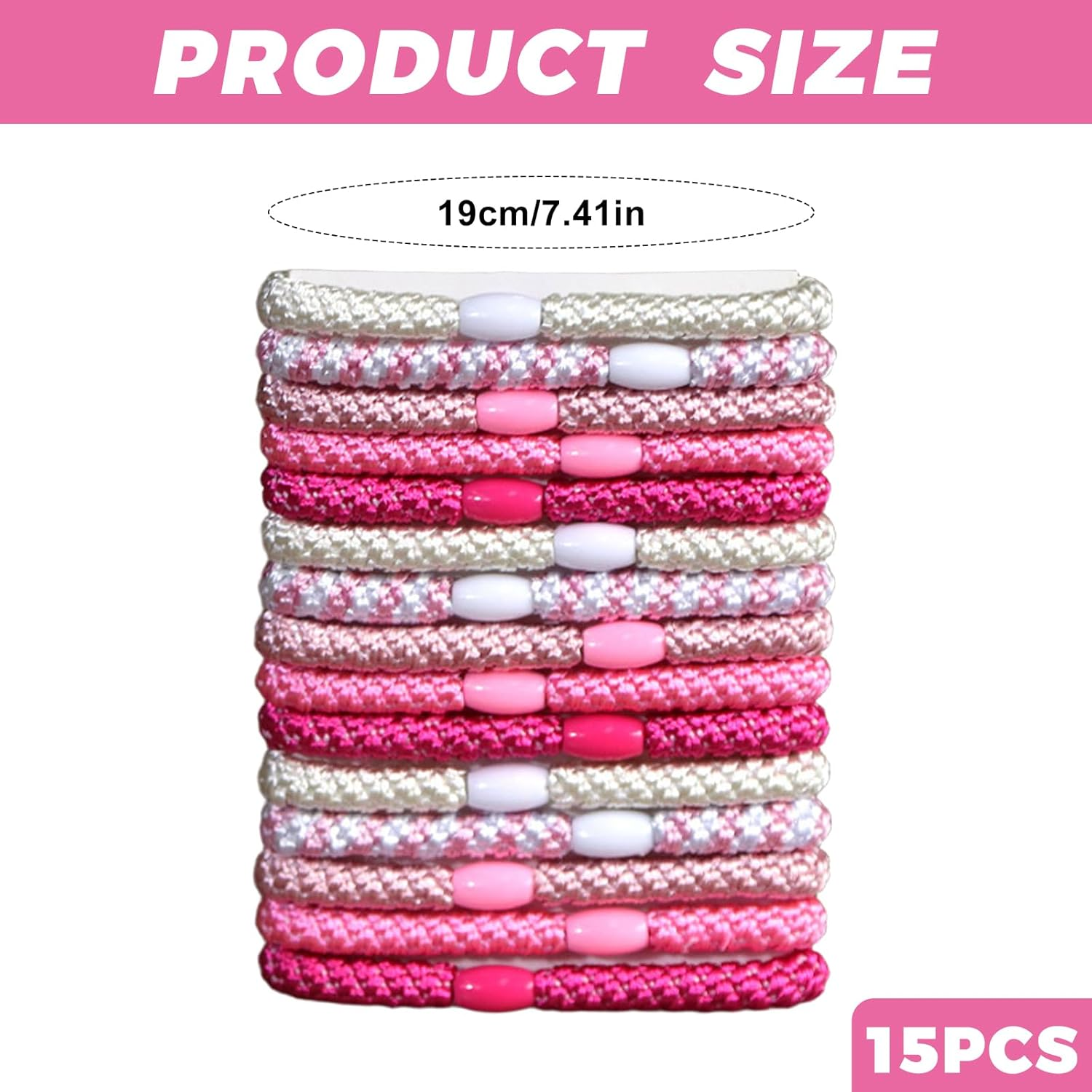 Pack of 15 Hair Bobbles Women'S Braided Elastic Hair Bands Soft Braid Bobbles for Girls Anti-Stress Hair Band Bracelet for Thick Hair Simple Hair Accessories for Everyday Sports and Yoga (Pink) image number 3