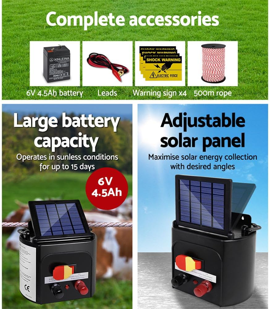 Giantz Fence Energiser 5Km Solar Energizer Charger Electric Wire, Fencing Equipment, 0.15J Discharge Energy Lead Sealed Battery Panel 500M Polyrope 4Mm Width