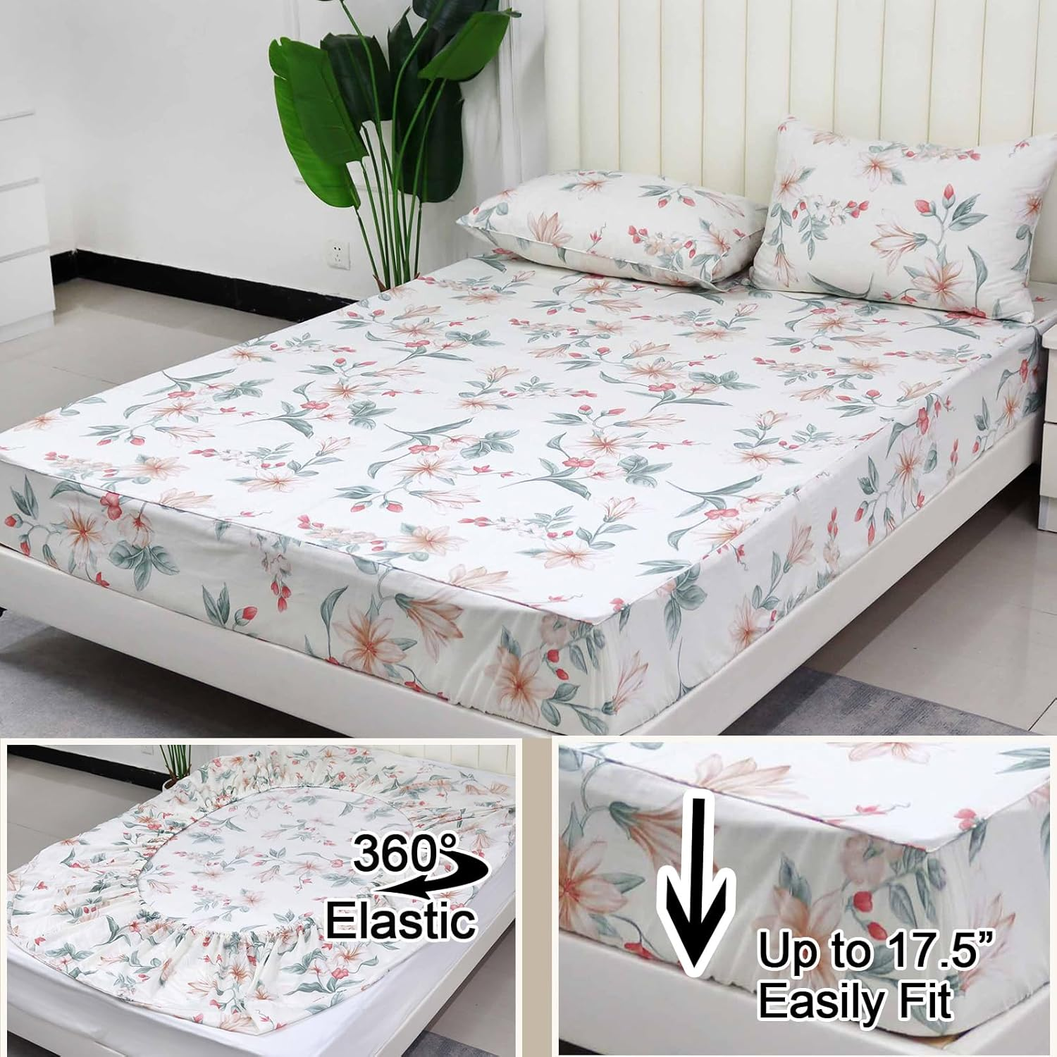 Helthep Floral Sheet Set Twin, 100% Cotton White Floral Printed Sheets Botanical Lily Pattern Sheets Red Chic Flower Green Leaves Luxury Percale Sheet with 17.5" Deep Pocket, Vintage French Bedding image number 1