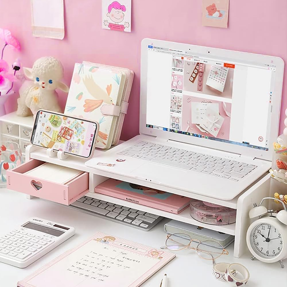 Two Tier Computer Desk Organizer Monitor Stand with Drawer, Desktop Printer Stand for PC, Laptop, Imac, Notebook, Office Desk Storage with 1 PCS Drawer image number 6