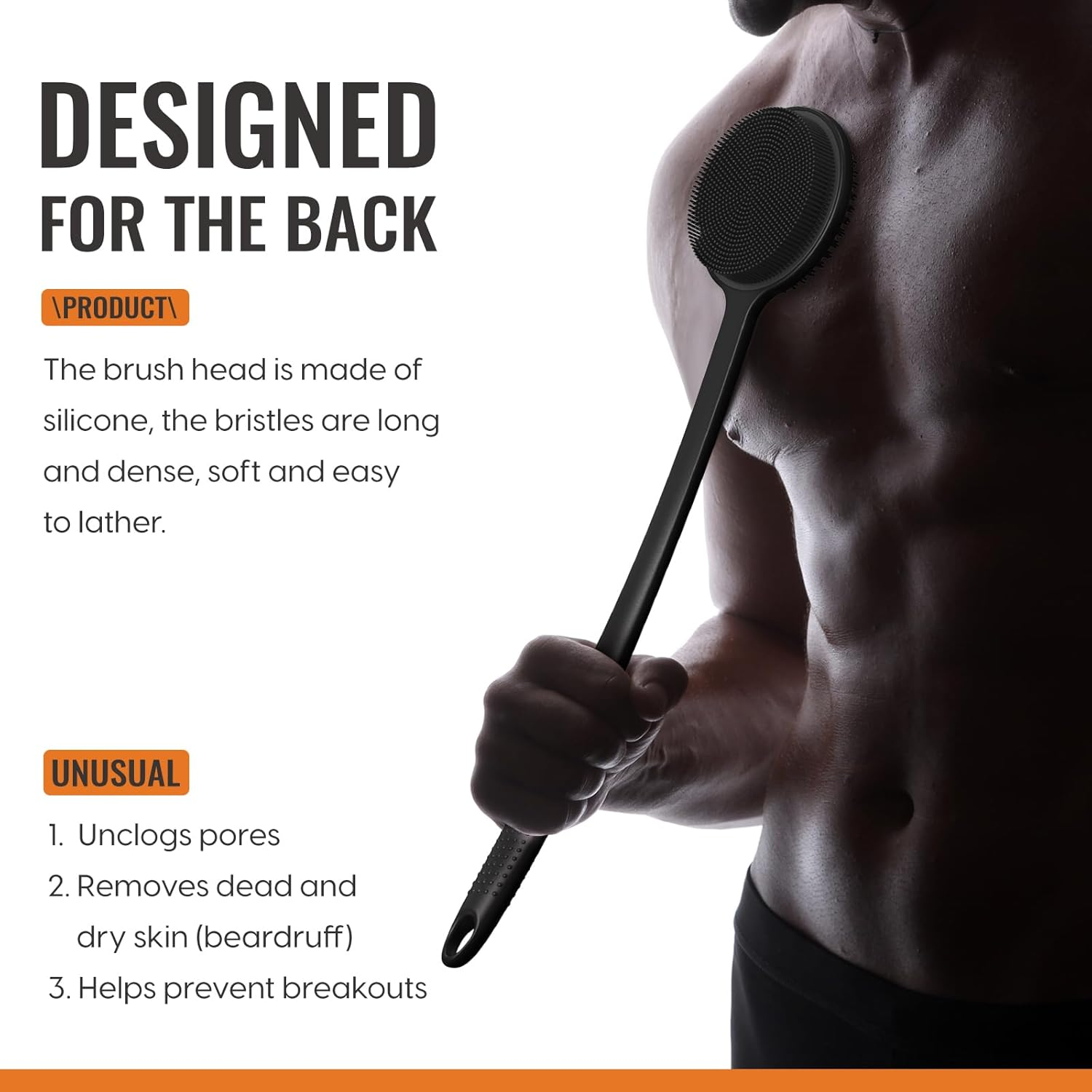 VWMYQ Silicone Back Scrubber for Shower, 17In Lengthen Long Handle Body Brush, Double Sided Shower Brush for Shower Exfoliating and Massage Can Produce Rich Foam, Long Handle Back Scrubber for Men - Black image number 6