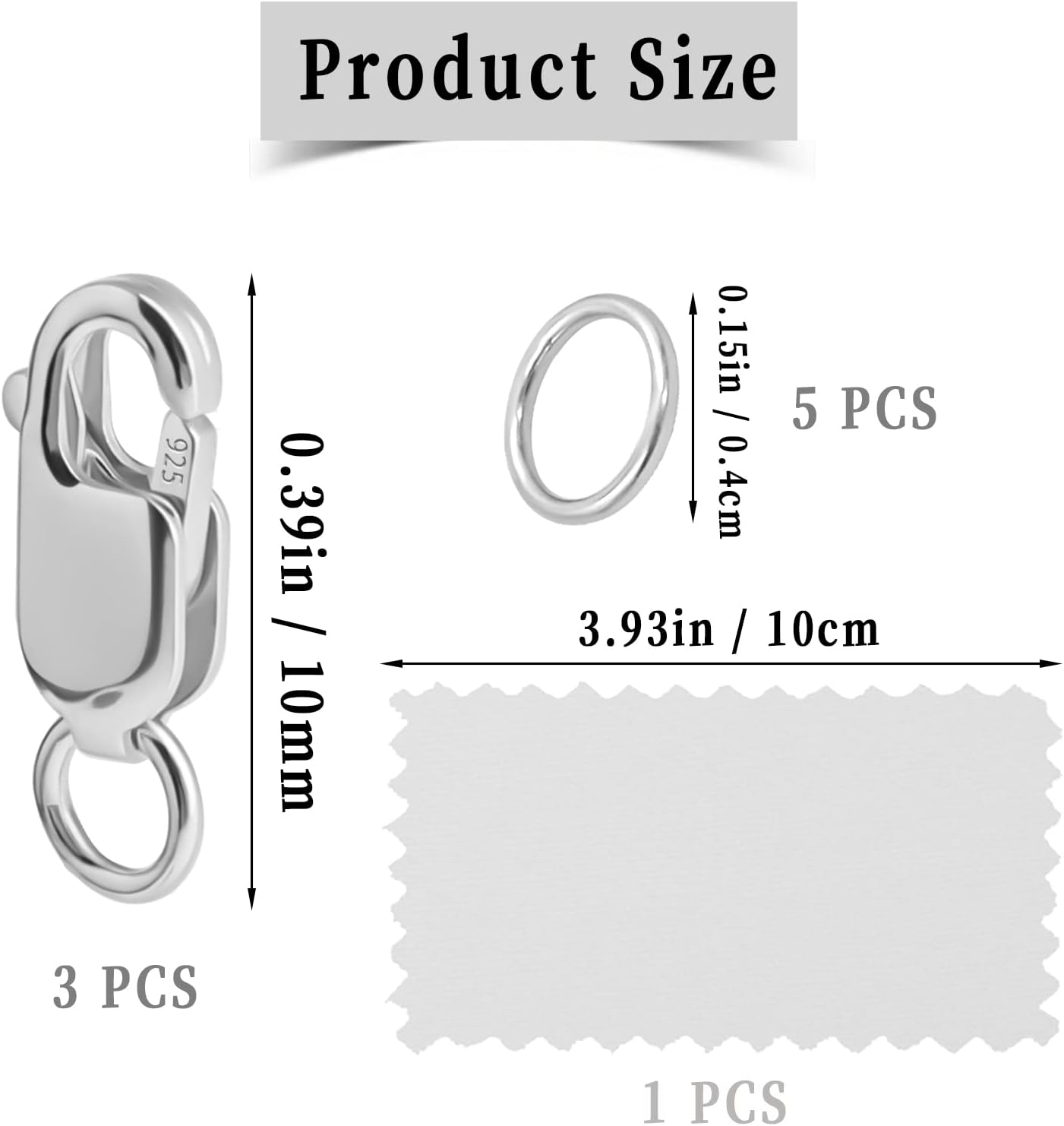 KINBOM 3Pcs Lobster Claw Clasps with Jump Rings, 925 Silver Necklace Bracelet Clasp for Jewelry Making DIY, with Silver Cloth (10X4Mm) image number 5