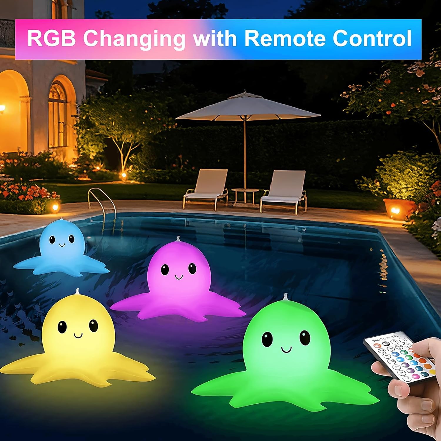 Solar Floating Pool Lights Remote Controlled, Colorful Inflatable Octopus Ball Lights, Dimmable & Timer Pool Lights, above Ground Glow Pool Balls for Party, Garden, Christmas Halloween Decor (2 Pack) image number 5