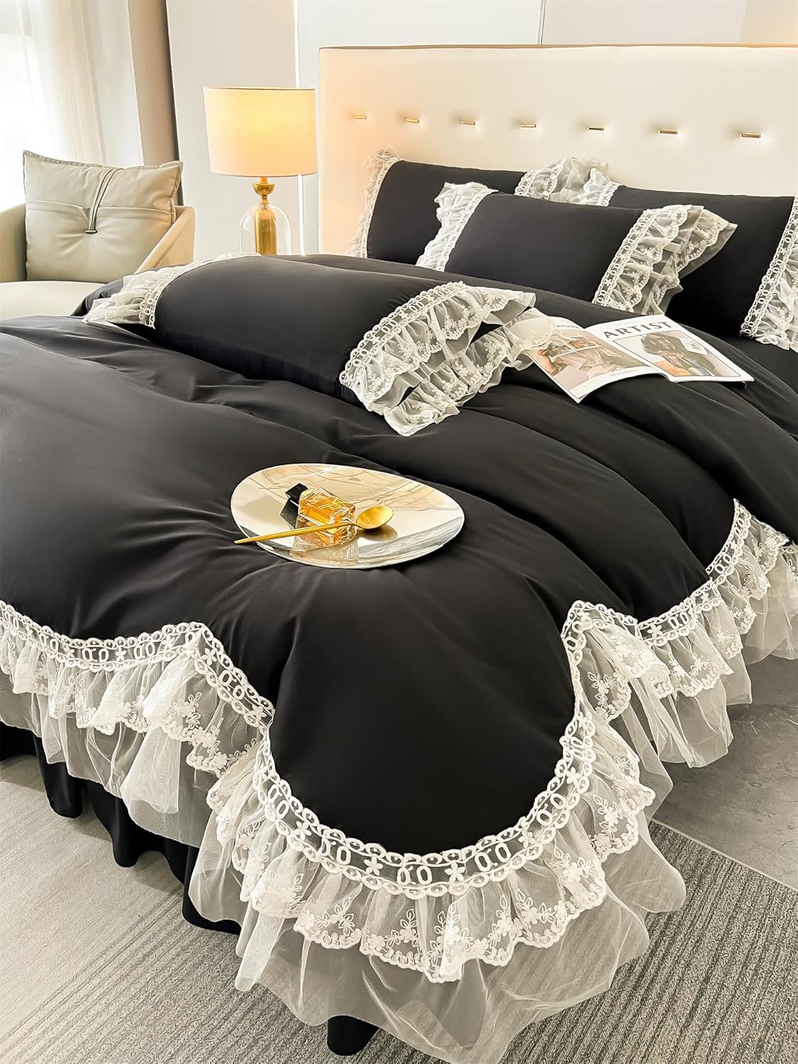 MOOWOO Chic Ruffle Lace Polyester Duvet Cover Set -Girl Black Bedding-3 Piece Queen Duvet Cover with Zipper Closure -Ultra Soft and Light Weight (Black,Full) image number 3