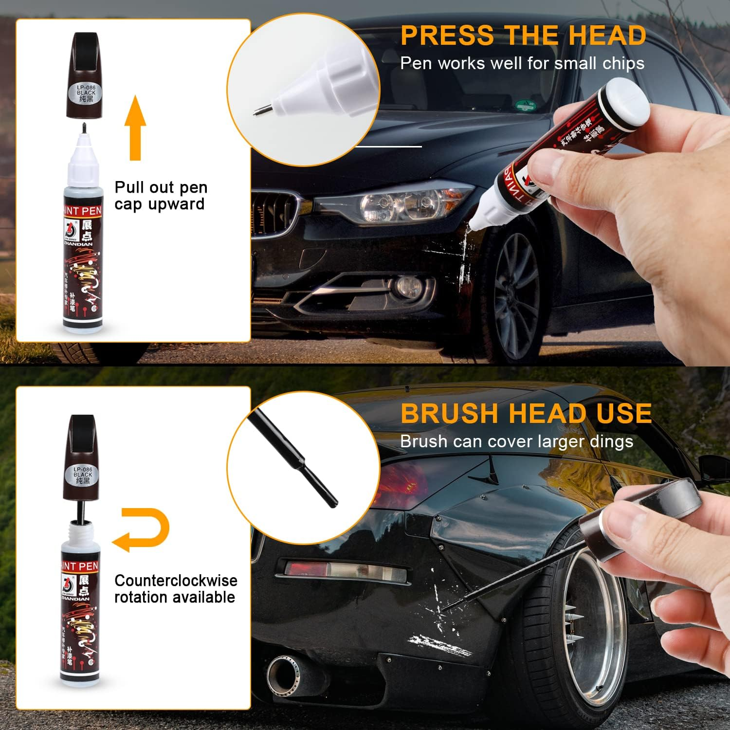 2Pack Touch up Fill Paint Pen Scratch Repair Automotive Touchup Two-In-One (BLACK)