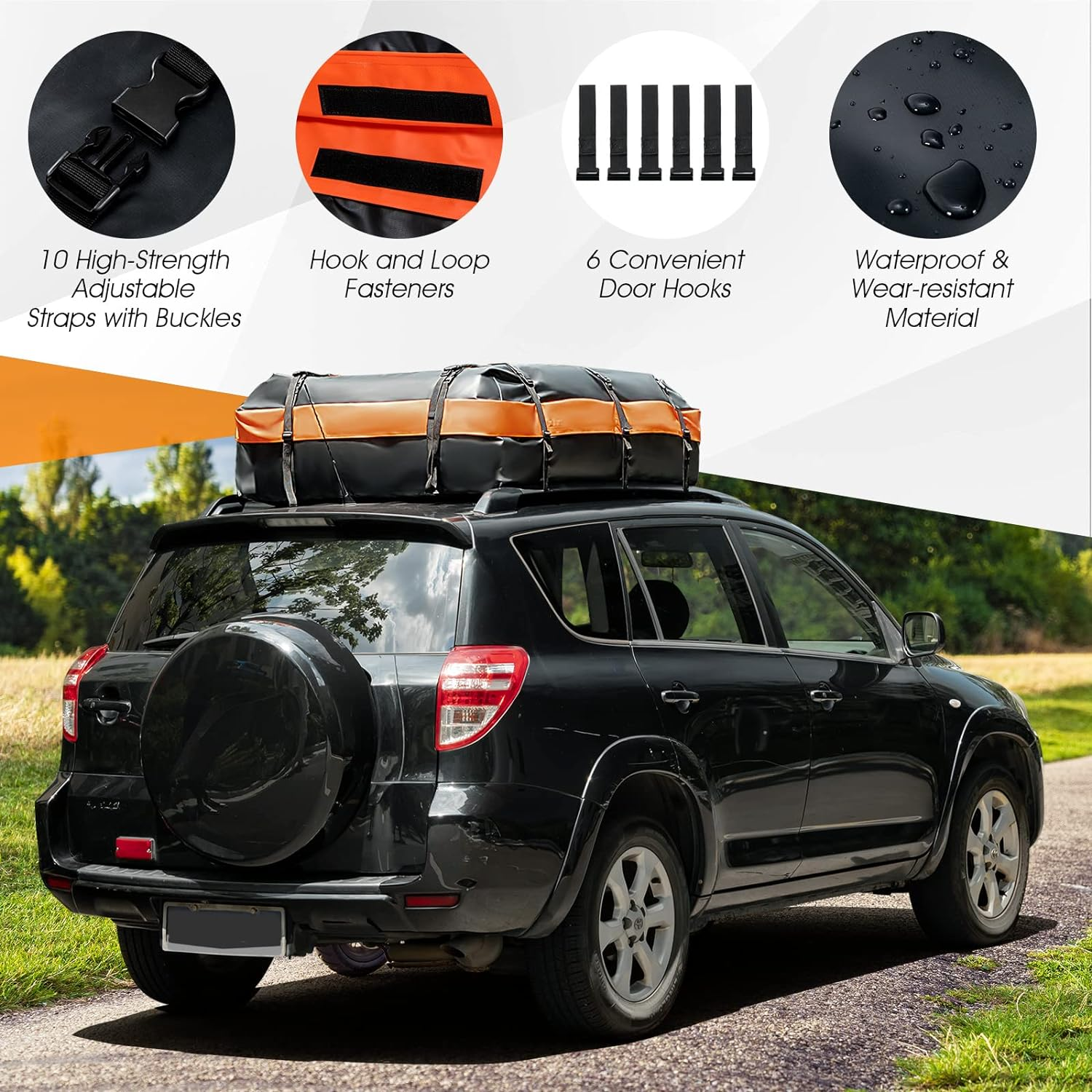 Costway 595 L Rooftop Cargo Carrier, Waterproof Car Roof Bag for All Vehicles With/Without Rack, Roof Top Luggage Bag, Anti-Slip Mat, 10 Reinforced Straps, 6 Door Hooks Included (595L)