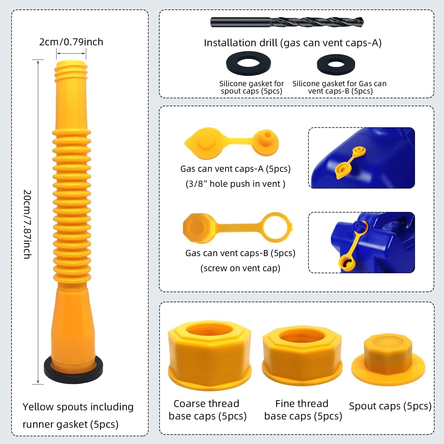 5 Kit Gas Can Spout Replacement, Gas Can Nozzle for Most 1/2/5/10 Gallon Gas Cans (Yellow), Fuel Can Spout Replacement