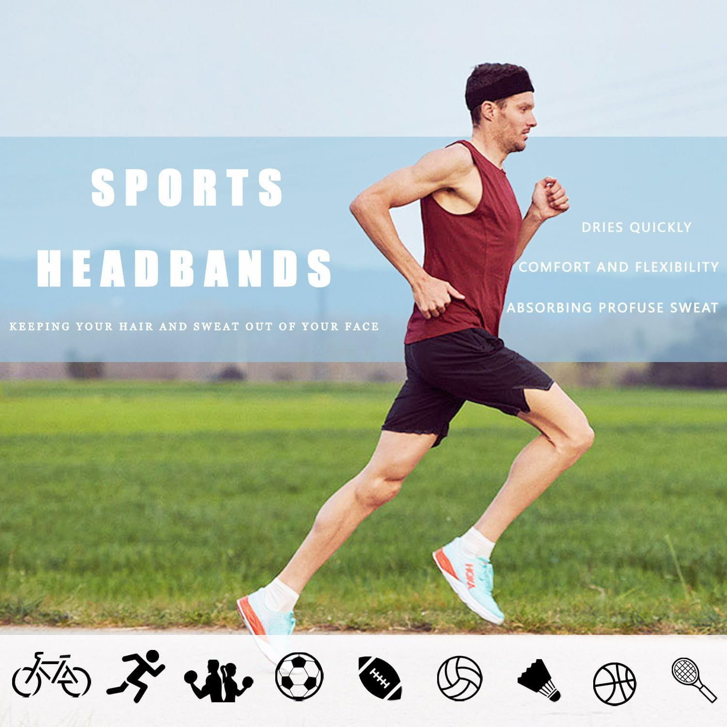4 Packs Sports Headbands for Men Soft Fabric Non Slip Hair Band Athletic Elastic Moisture Wicking Headband Hair Warp for Running Cycling Basketball Football Fitness Quick-Dry Sweatband image number 3