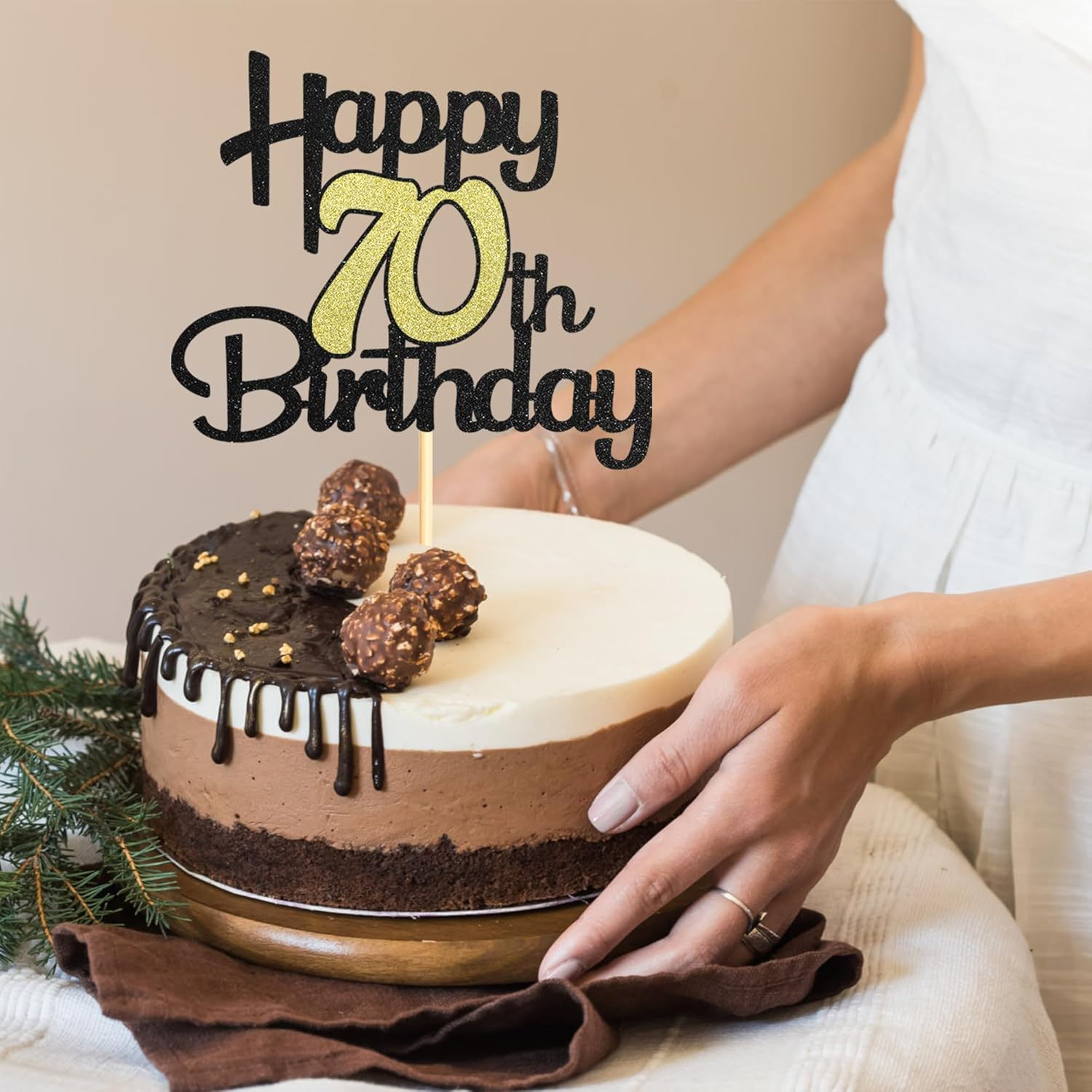 Sotpot 1 Pack Black&Gold Glitter 70Th Cake Topper, 70Th Birthday Cake Decorations for Birthday Party Anniversary Party Supplies