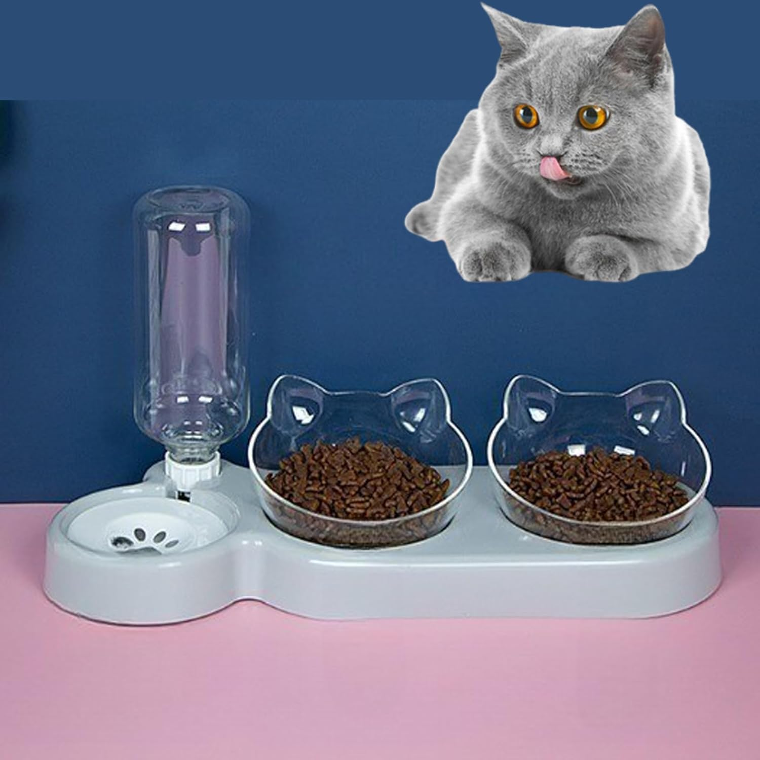 3-In-1 Cat Food Bowl Set, Cat Food Bowls, Detachable Bowls for Cat Dog, Double Cat Bowls with Automatic Water Dispenser, Anti-Spill Feeder with Stand for Small Medium Dogs Cats image number 3