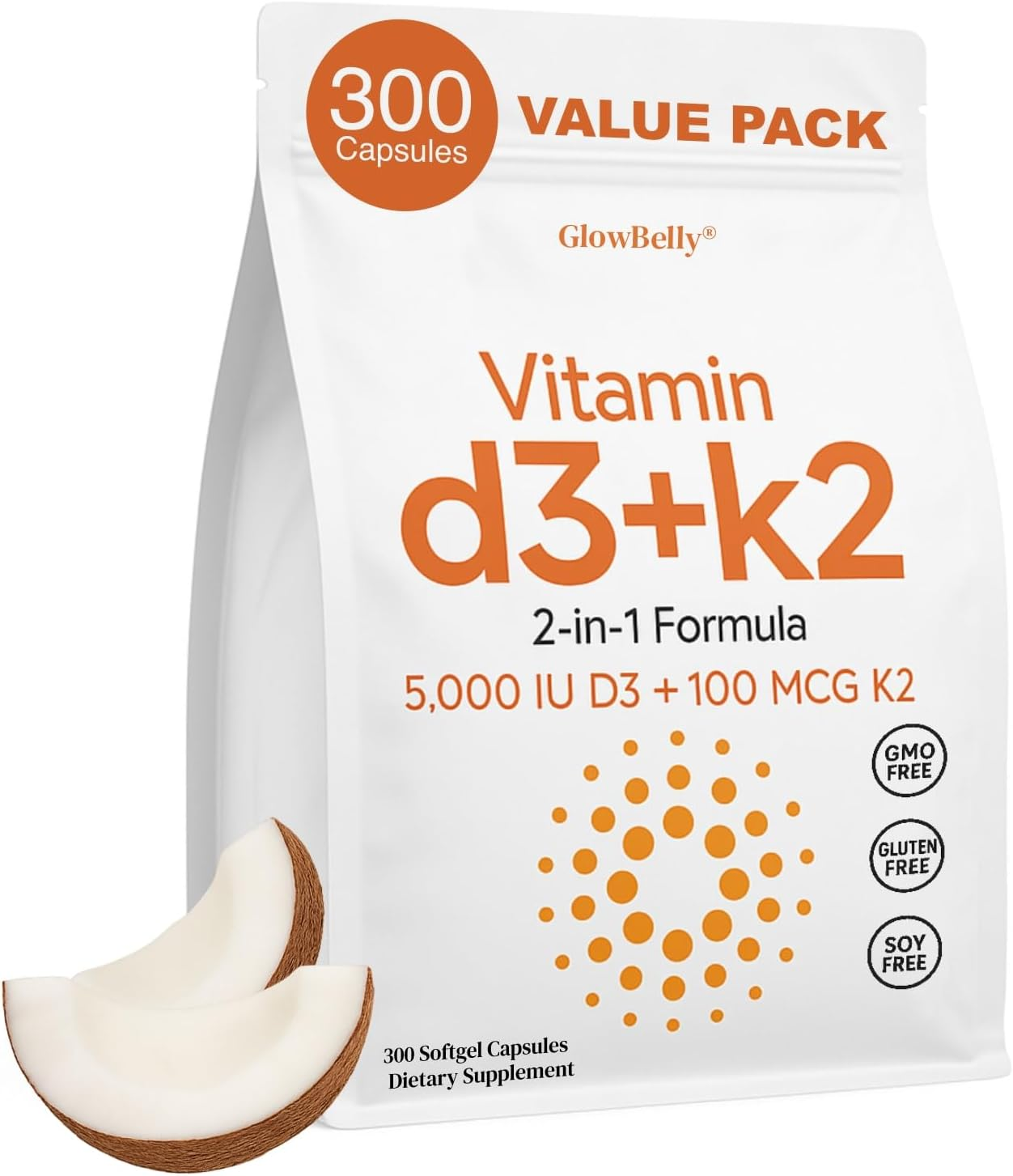 300 Vitamin D3 + K2 Supplement | 5000 IU D3 + 100 Mcg K2 | 1 Capsule per Day | High Strength 2-In-1 Formula | Enhanced Absorption with Coconut Oil | Non-Gmo by Glowbelly image number 2