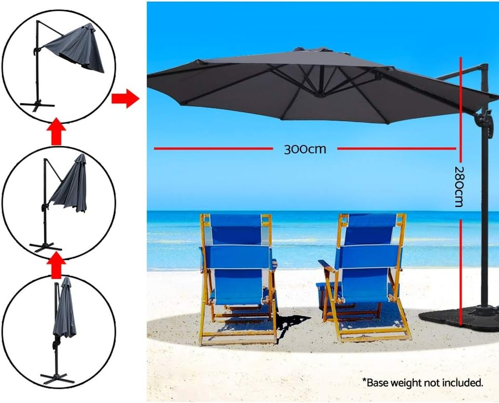 Instahut Outdoor Umbrella 3M Charcoal Cantilever Roma Umbrellas Stand, Sun Beach Garden Gazebo Canopy Home Patio Camping Tent, 360&deg; Rotatable Shading Water Resistant and UV - Black image number 4
