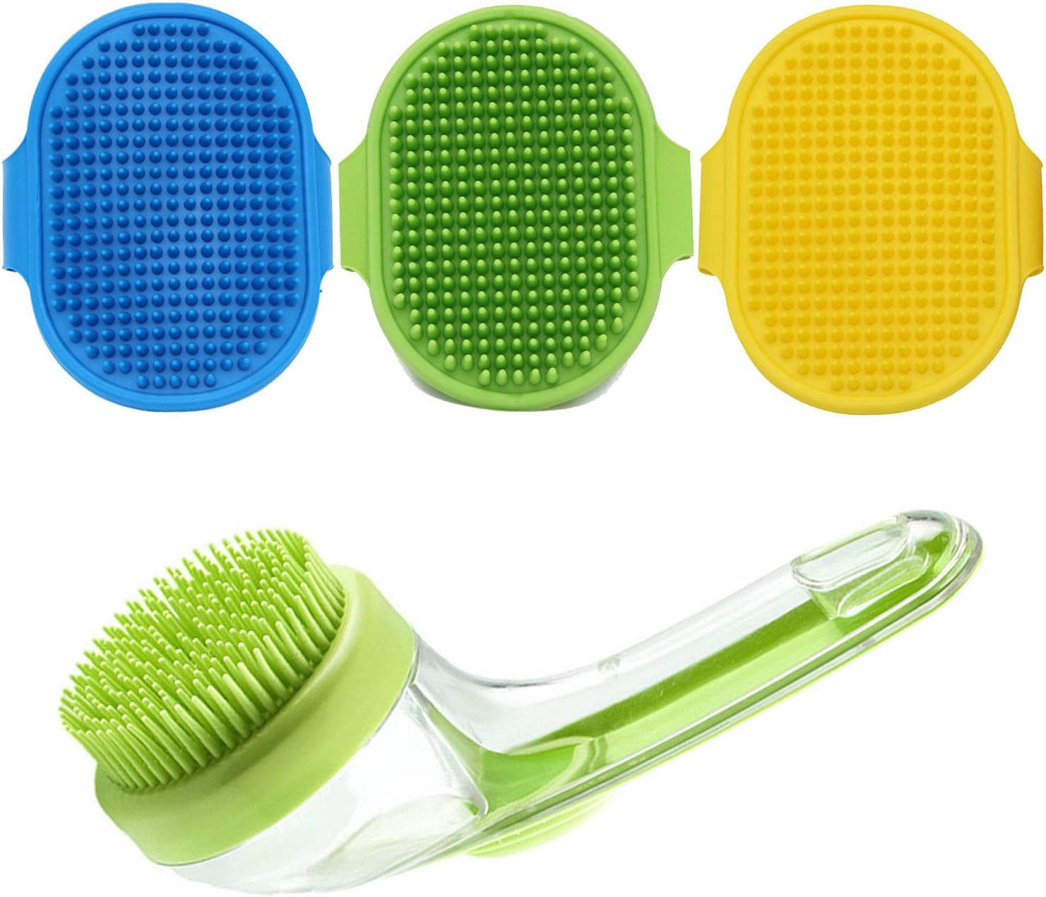 4 Pcs Dog Bath Brush Set - Shampoo Brush & Bubble Maker with Adjustable Handle, Dog Grooming Brush, Paw Washer & Massage Grooming Tool for Short/Long Hair Dogs & Cats (Green)