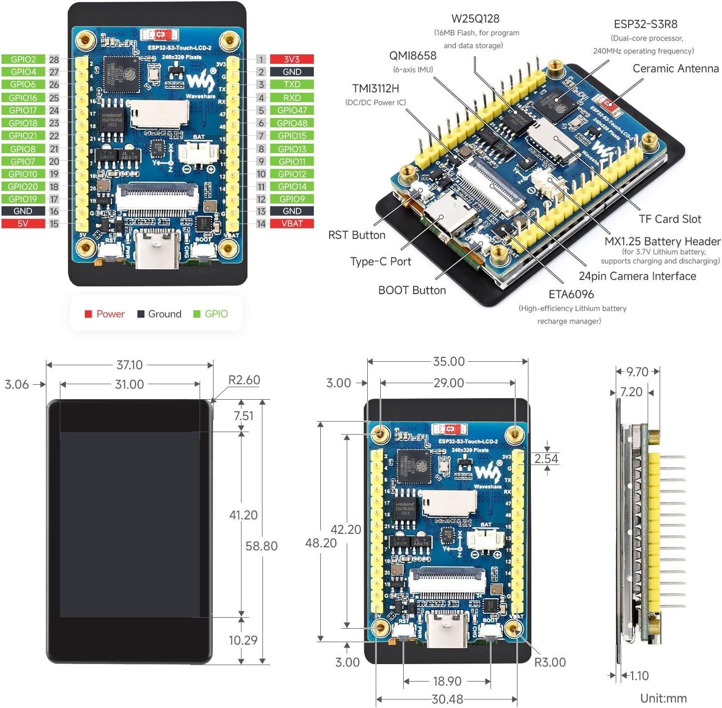 Waveshare ESP32-S3 2Inch Capacitive Touch Display Development Board, 240&times;320 Pixels, IPS Panel, 32-Bit LX7 Dual-Core Processor, up to 240Mhz Frequency, NOT Include OV560 Camera image number 4