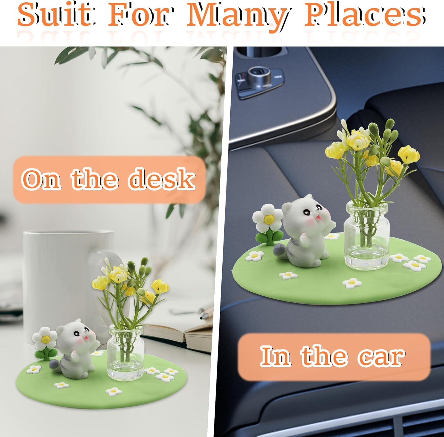 Mini Cat and Jasmine Car Dashboard Decorations, Cute Car Accessories for Women and Men, Mini Car Interior Accessories, Funny Car Rear View Mirror Accessories (Green) image number 2