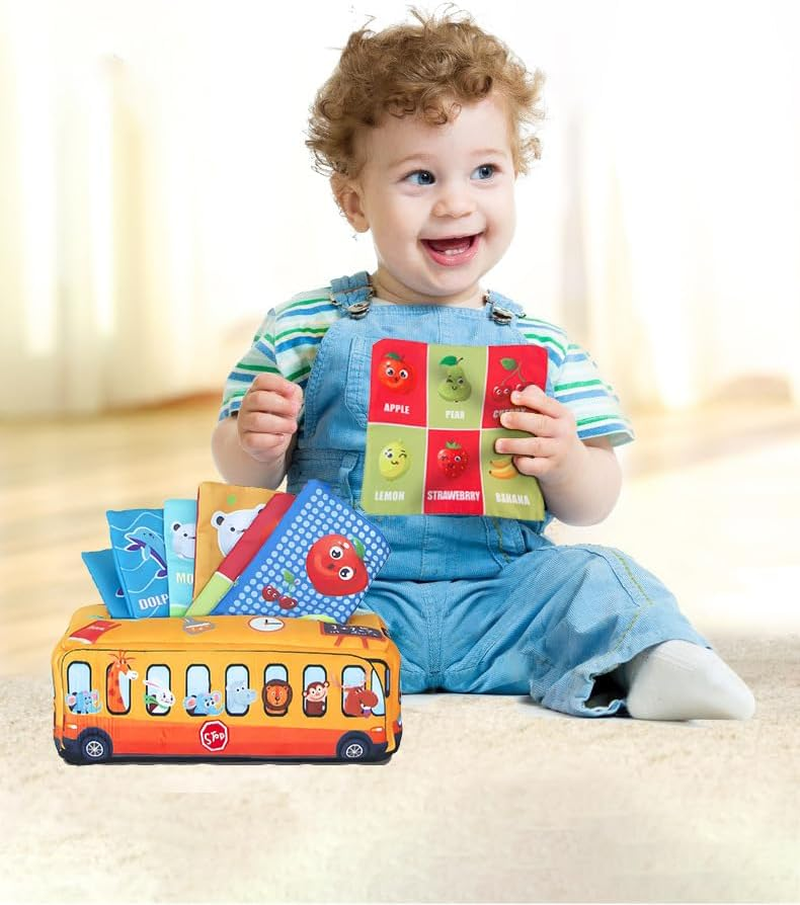 Baby Tissue Box Montessori Toys for Baby 6-12 Months, Square Sensory Soft Stuffed Crinkle Toy Includes 3 Pack Crinkle Paper & 10 Juggling Rainbow Dance Scarves (Yellow Bus)