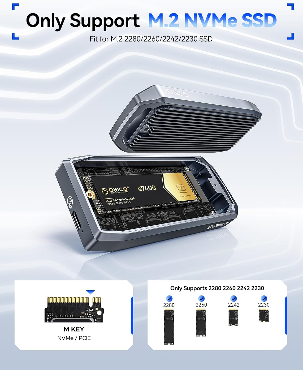 ORICO USB4 40Gbps M.2 SSD Enclosure, Supports up to 8TB M.2 Nvme Ssds, Finned Aluminum Alloy Case, USB-C to USB-A&C 2-In-1 Cable, Plug and Play, Compatible with Thunderbolt 3/4, USB 3.2/3.1/3.0- M2V01 image number 2