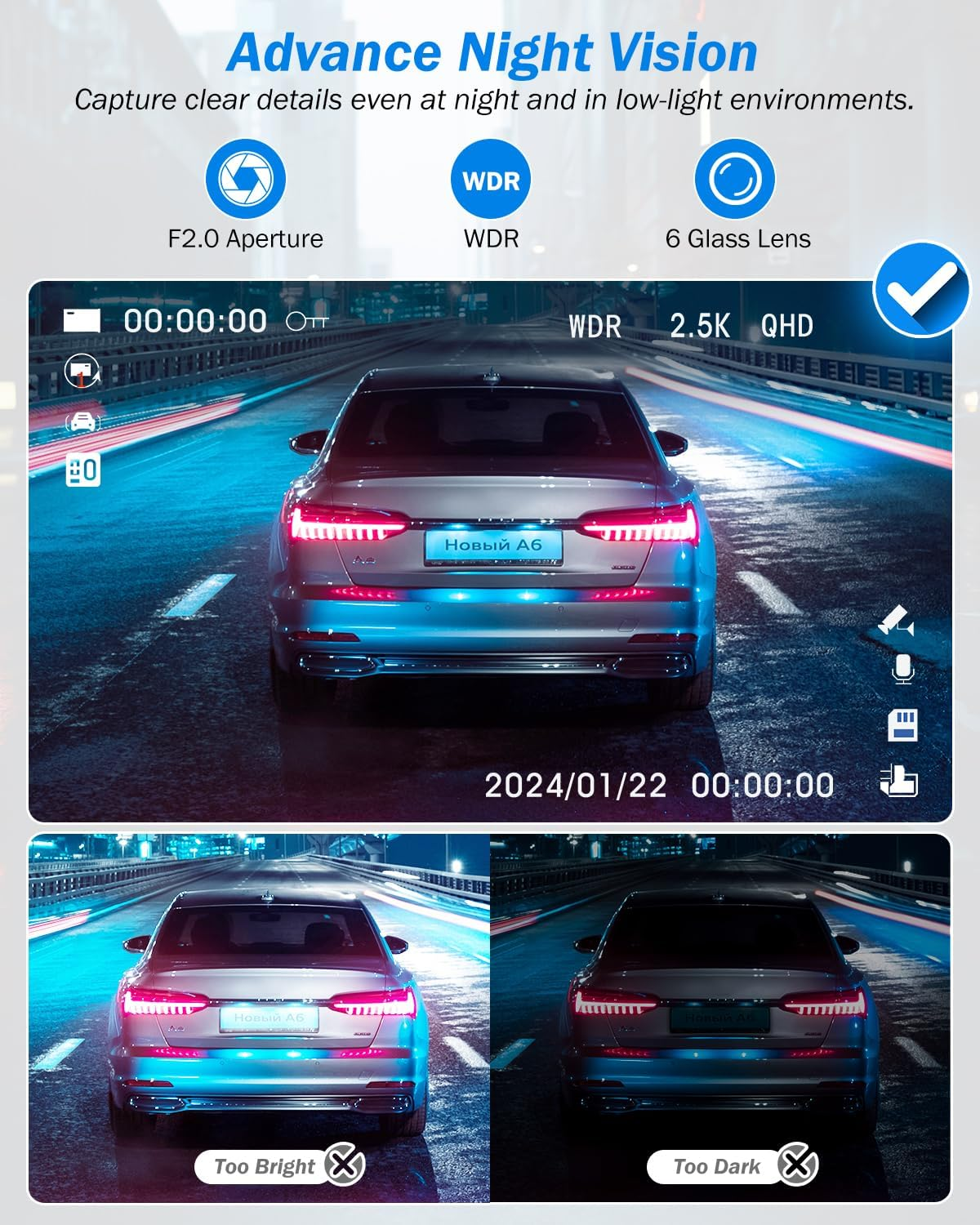 3 Channel 2.5K Dash Cam, 1440P Dash Cam Front and Rear Inside, Dash Camera for Cars, Triple Car Camera with 32GB Card, G-Sensor, 24Hr Parking, 170&deg;Wide Angle, Loop Recording, IR Night Vision, Blue
