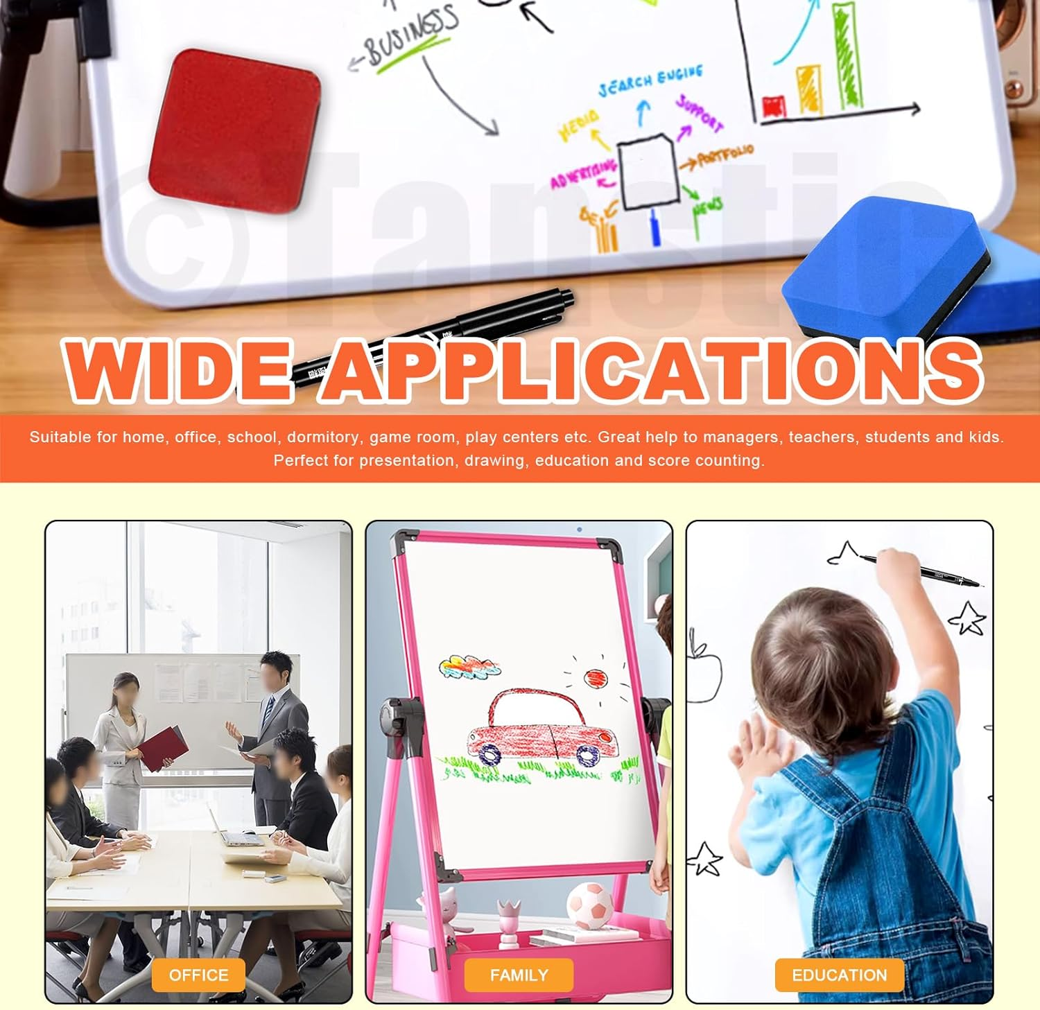 Tanstic 45Pcs Dry Erase Erasers with Dry Erase Markers Assortment Kit, Magnetic Whiteboard Eraser, Chalkboard Eraser Dry Eraser for Classroom Home Office(8 Colors, 2 X 2 X 0.78 Inch) image number 3