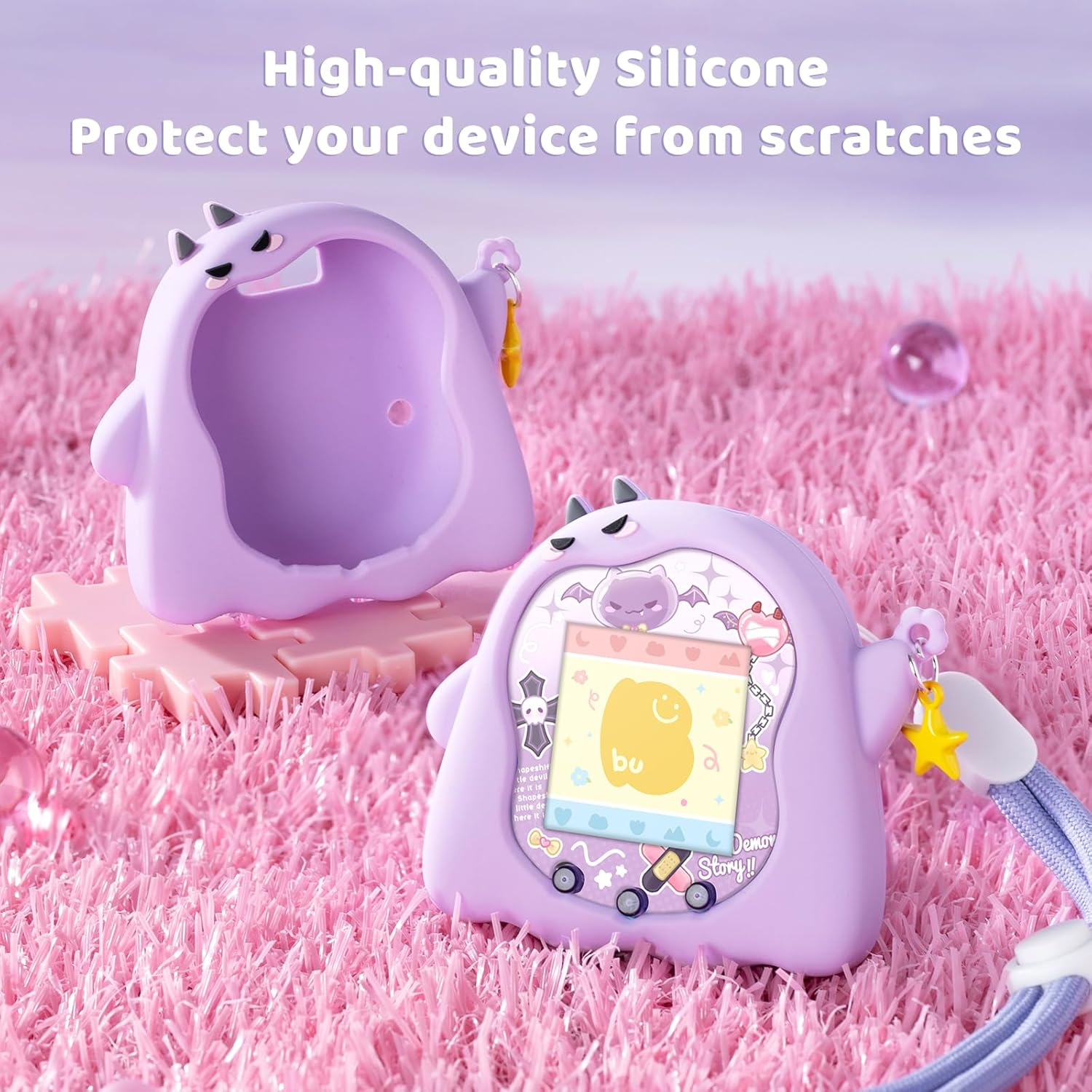 BUBBLELOGUS Soft Silicone Protective Case for Tamagotchi Uni with Wrist Strap and Faceplate Sticker - Cute Devil（Purple）