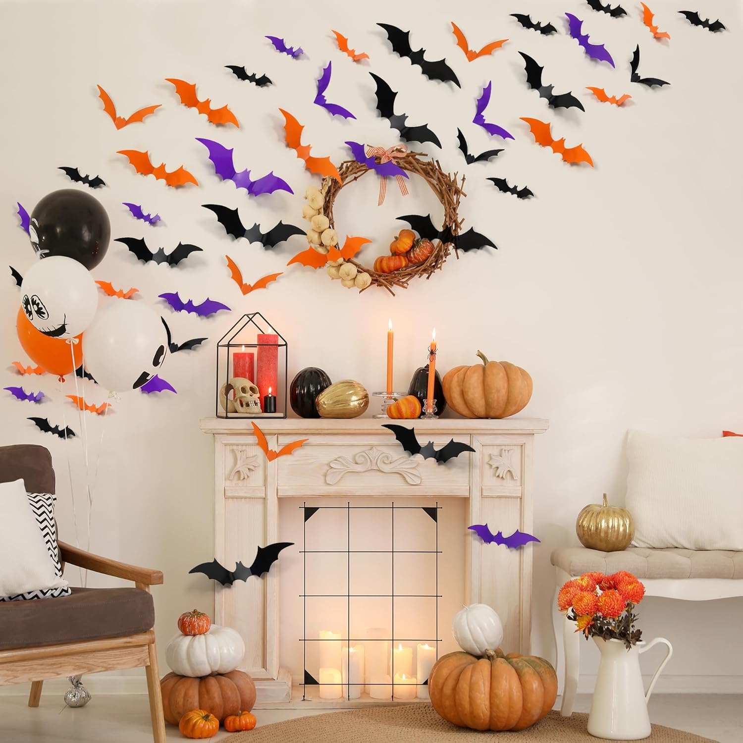108 PCS 3D Halloween Bats Wall Decor, Realistic PVC Bats Halloween Decoration,Scary Plastic Bat Wall Stickers for Indoor Outdoor Decor (Black Purple Orange) image number 2