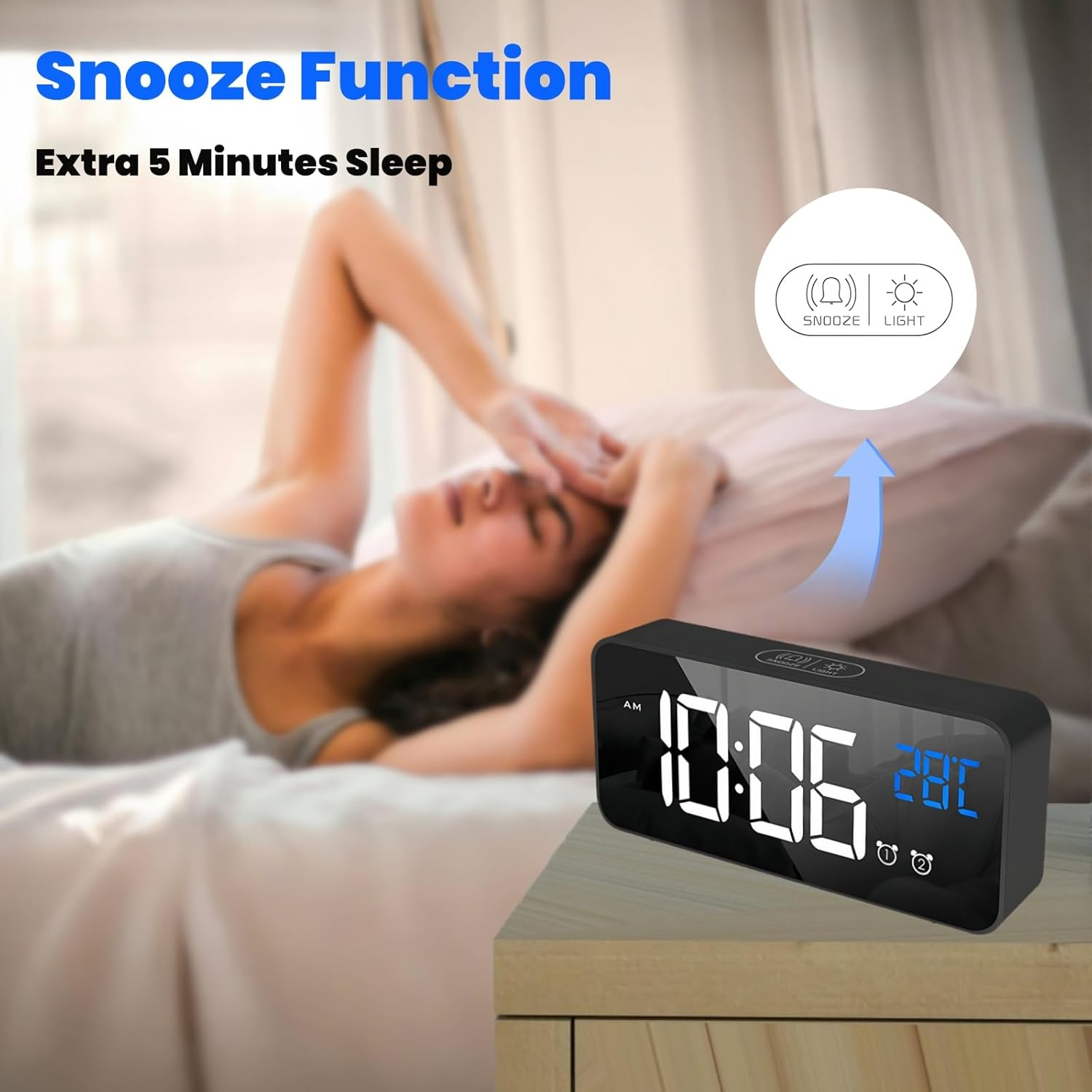 Lecoirrax Upgraded Digital Alarm Clock, Bedside Digital Clock for Kid Adult, Large LED Clock, Snooze, Temperature, 4-Level Brightness, 12/24H, 13 Music USB Rechargeable Clock for Bedroom Office(Black)