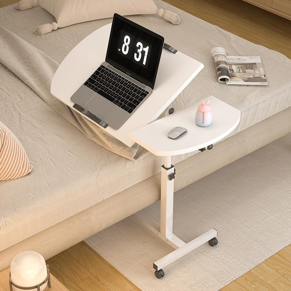 Mobile Overbed Table with Wheels, Lifting and Rotating Laptop Desk, Height Adjustable Mobile Standing Desk, Bedside Table for Home Office, Laptop Computer Desk with Tray for Work Study Reading